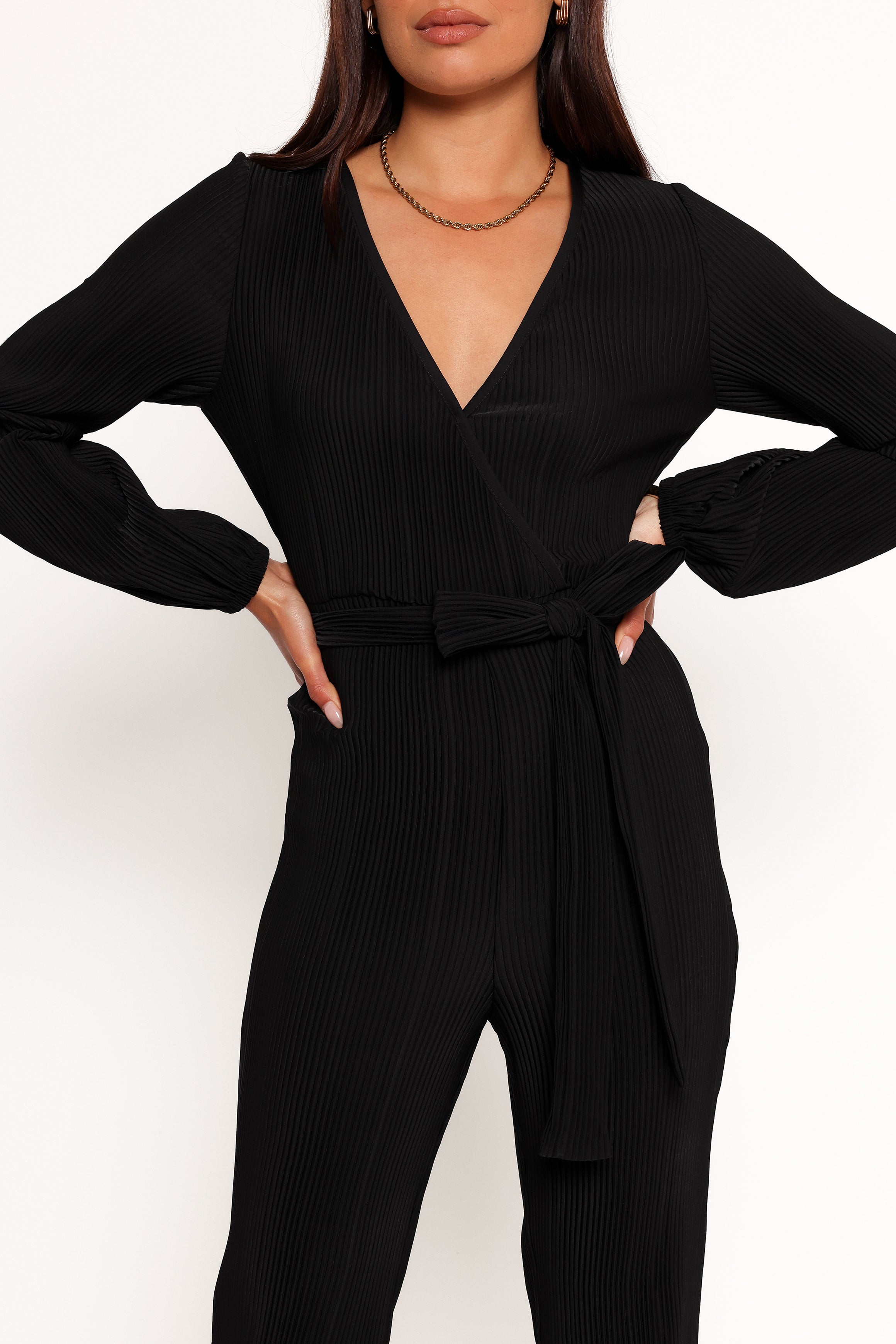 Solange Black Plisse Jumpsuit with Detachable Waist Tie