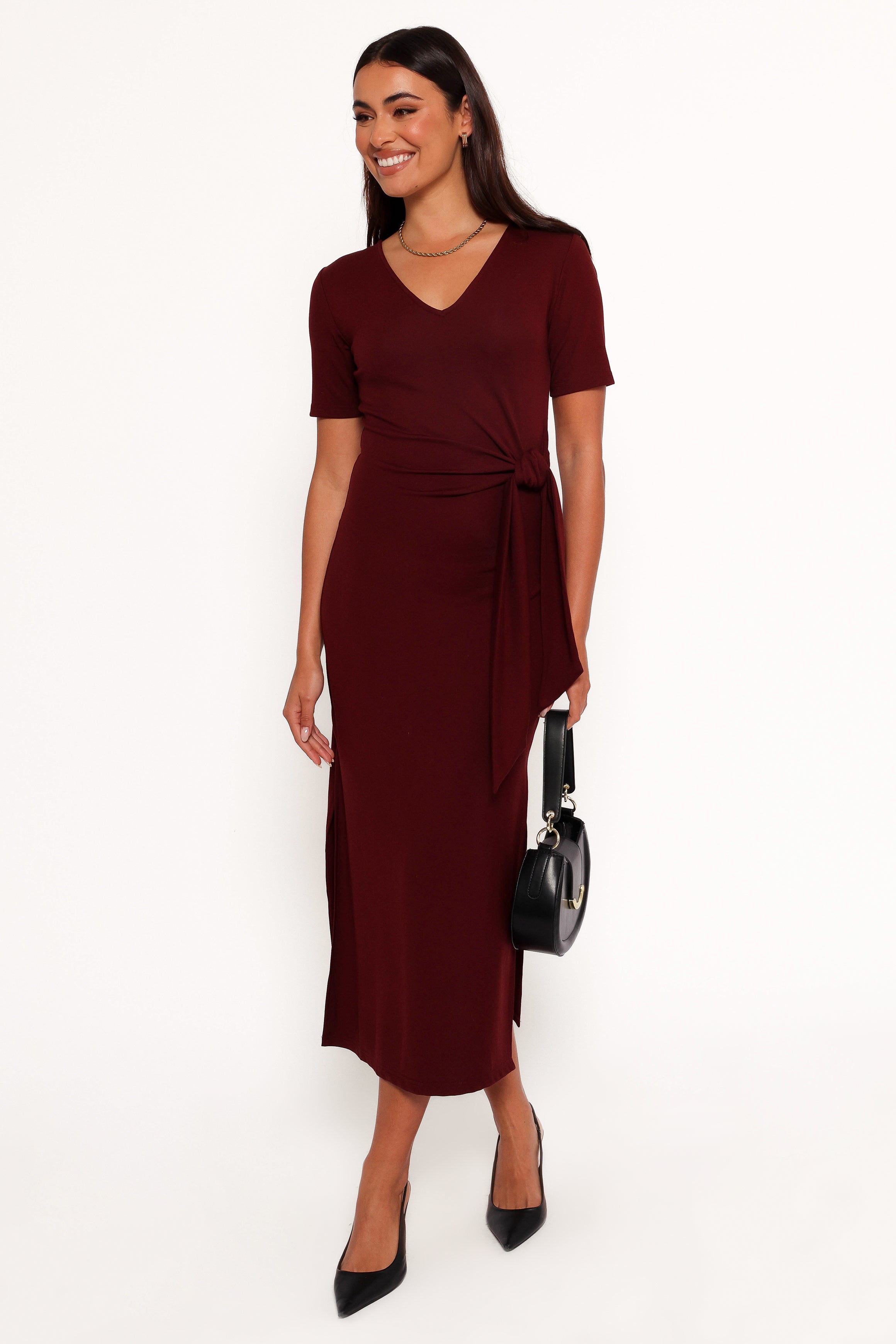 Asha Wine Midi Dress with Waist Tie & Side Split