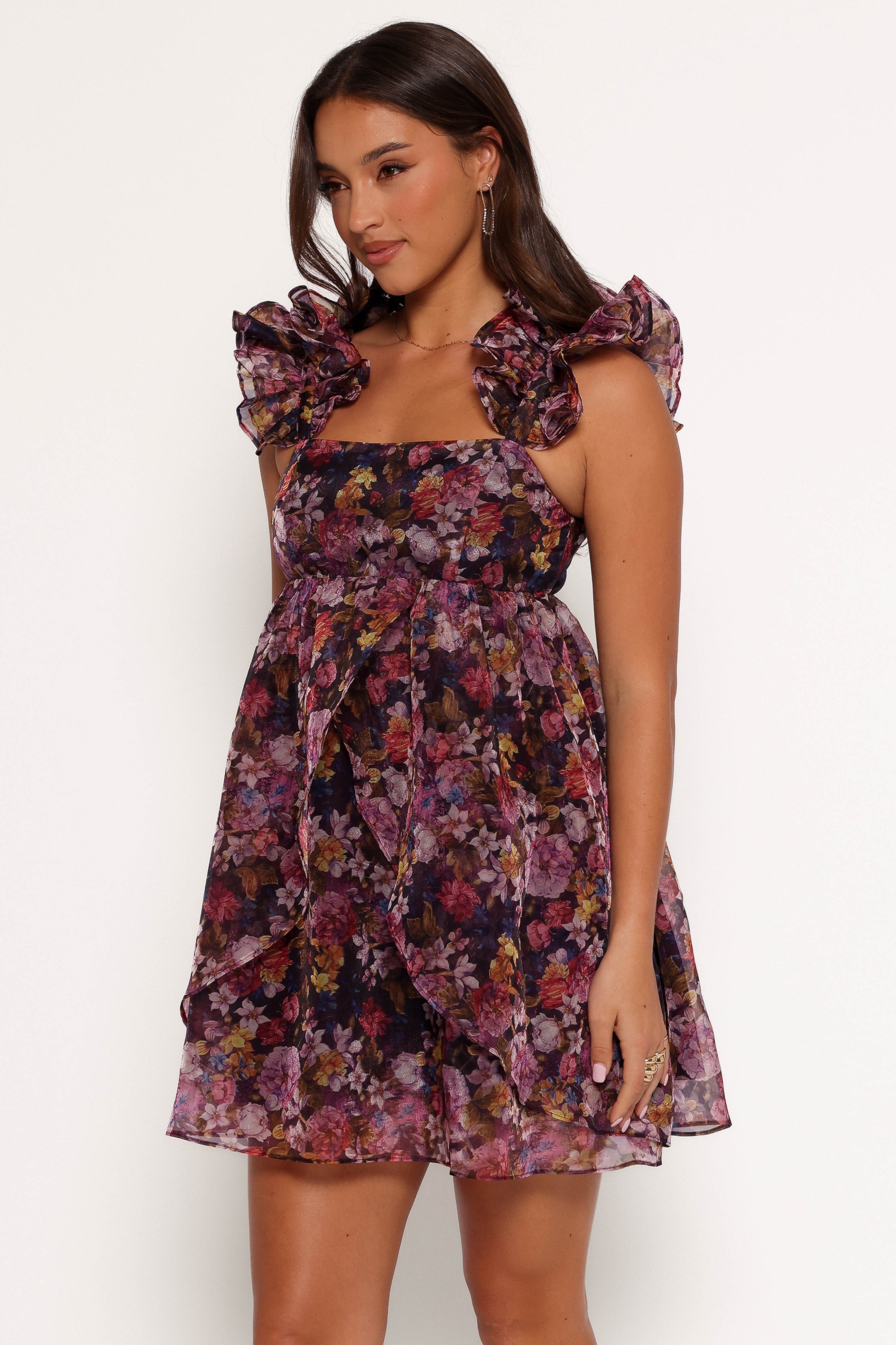Fiorella Plum Floral Mini Dress - Baby Doll Style with Square Neckline