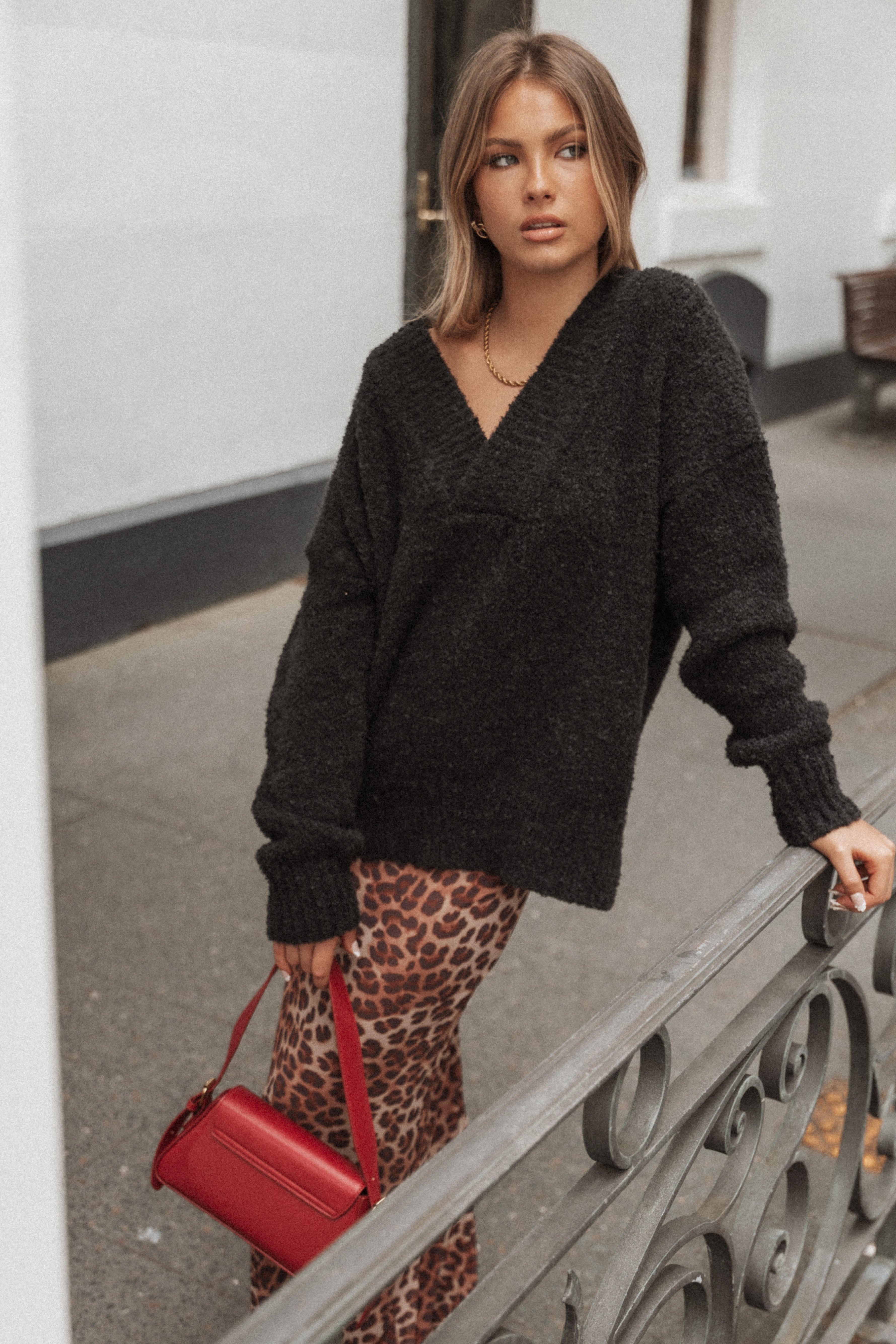 Charisma Black V-Neck Knit Sweater - Cozy Long Sleeve Polyester Top