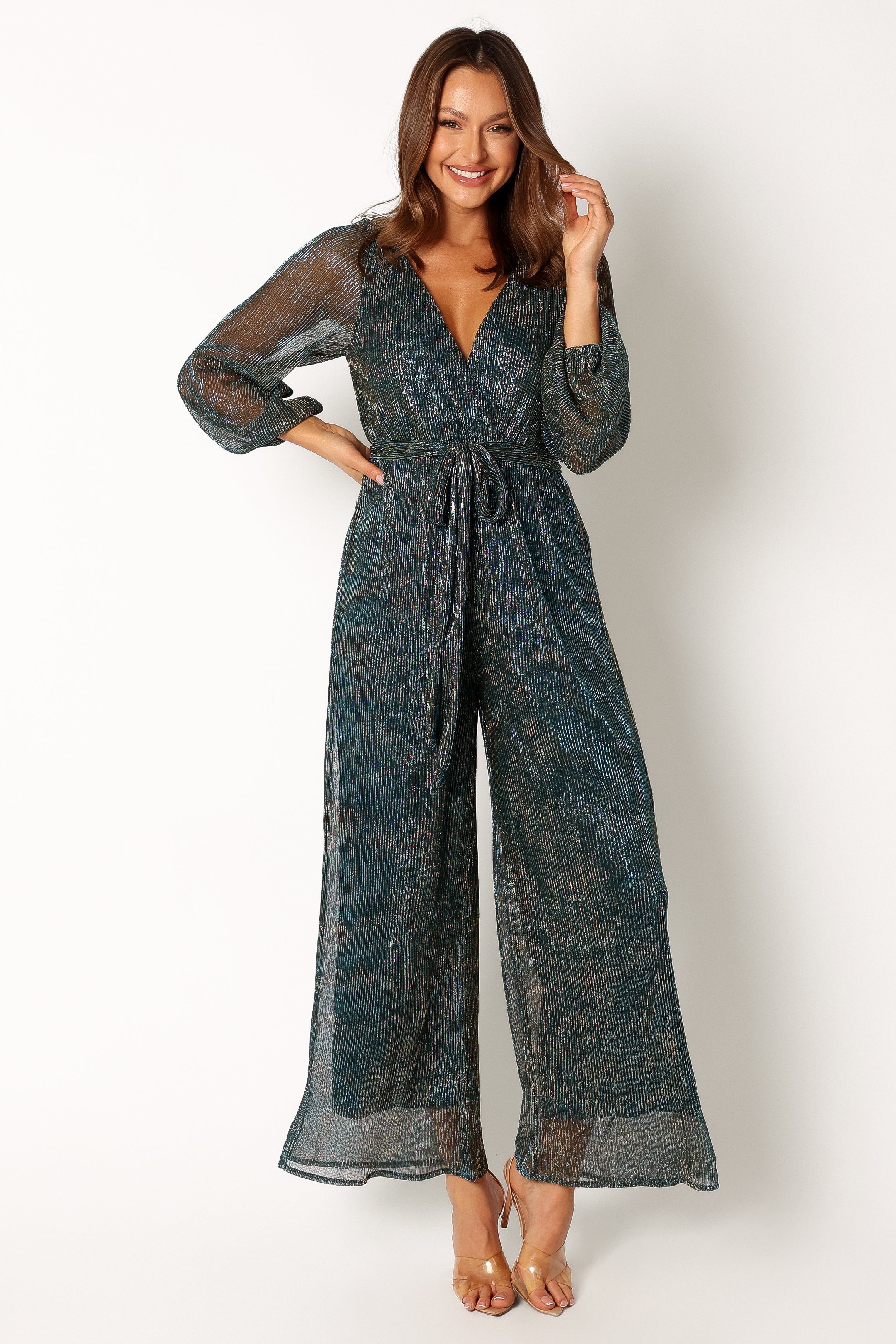 Teal Lexi Jumpsuit with V-Neck & Waist Tie - Women's Party Wear