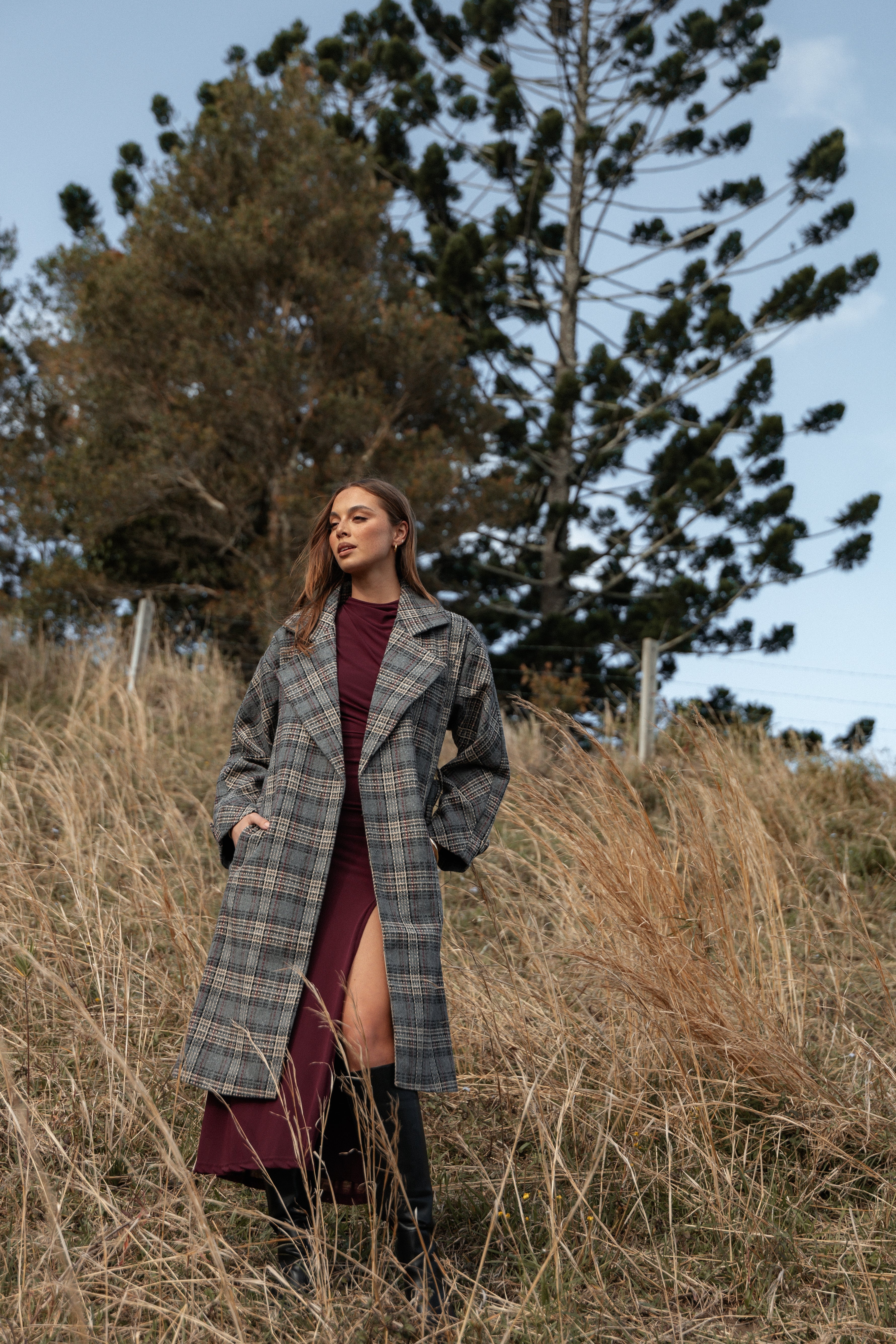 Women's Grey Check Belted Long Coat with Detachable Waist Tie