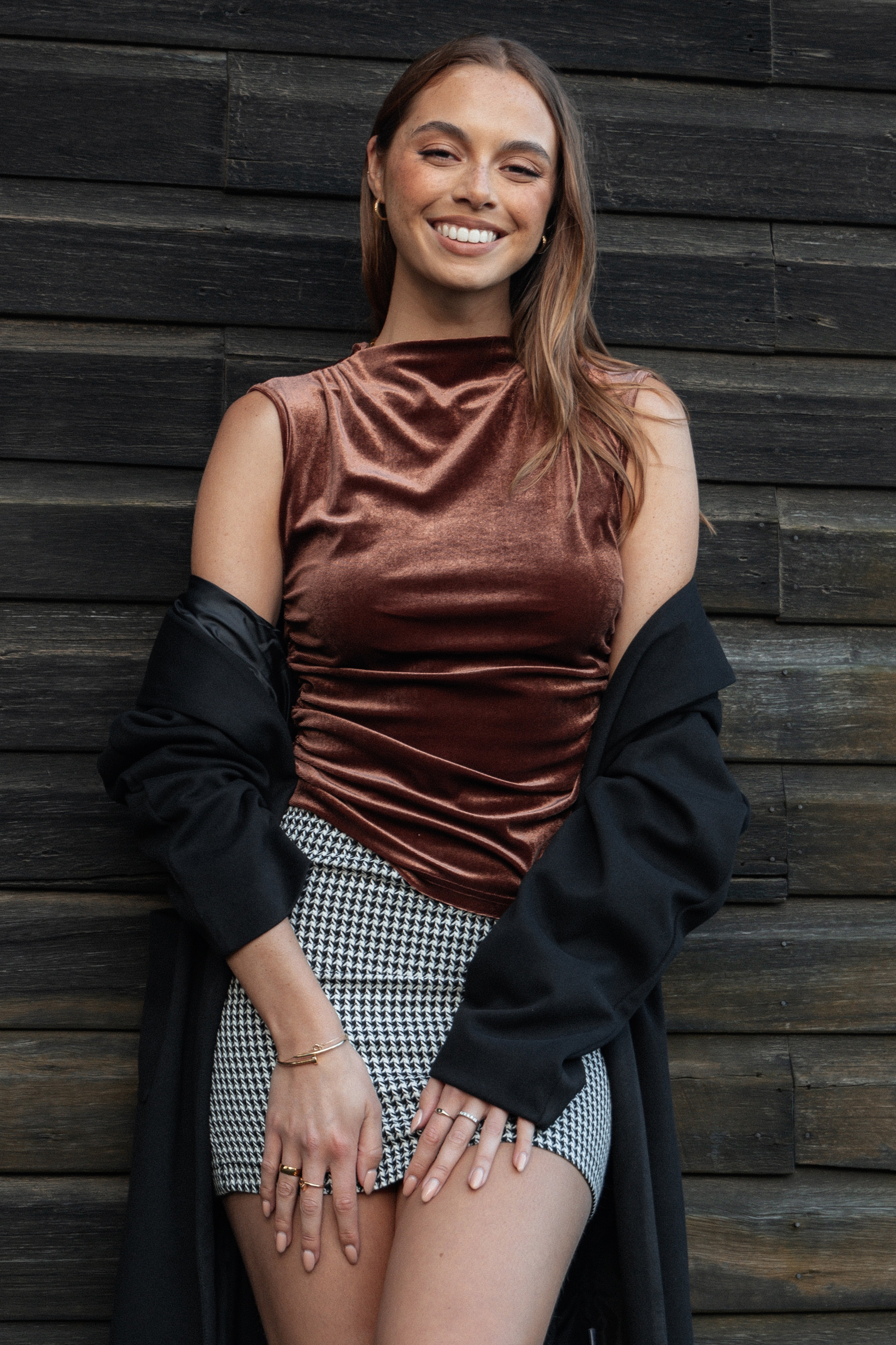 Nissa Velvet Sleeveless Top - Bronze Ruched Detail