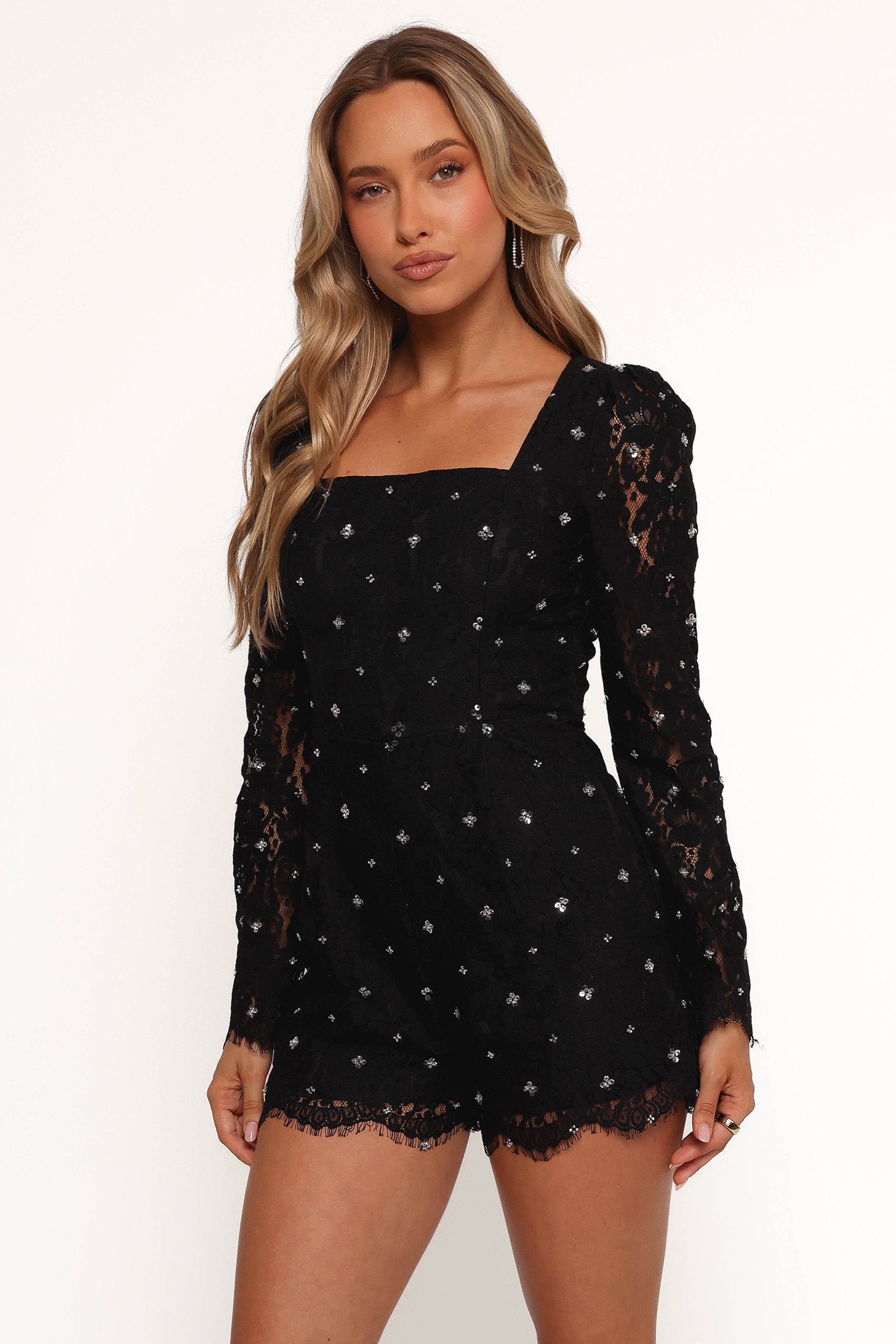 Black Long Sleeve Lace Romper with Sheer Sleeves & Scallop Hem