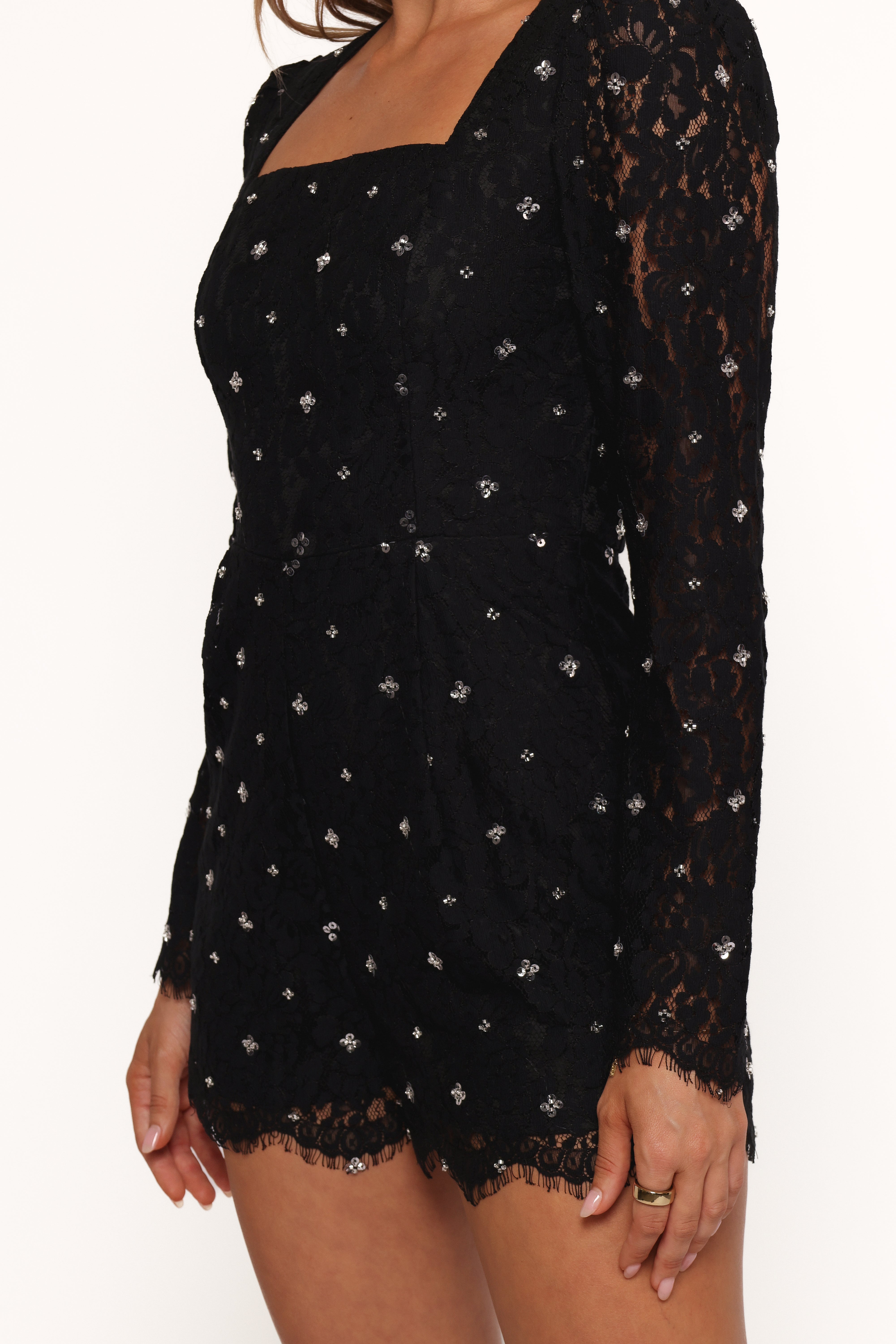 Black Long Sleeve Lace Romper with Sheer Sleeves & Scallop Hem