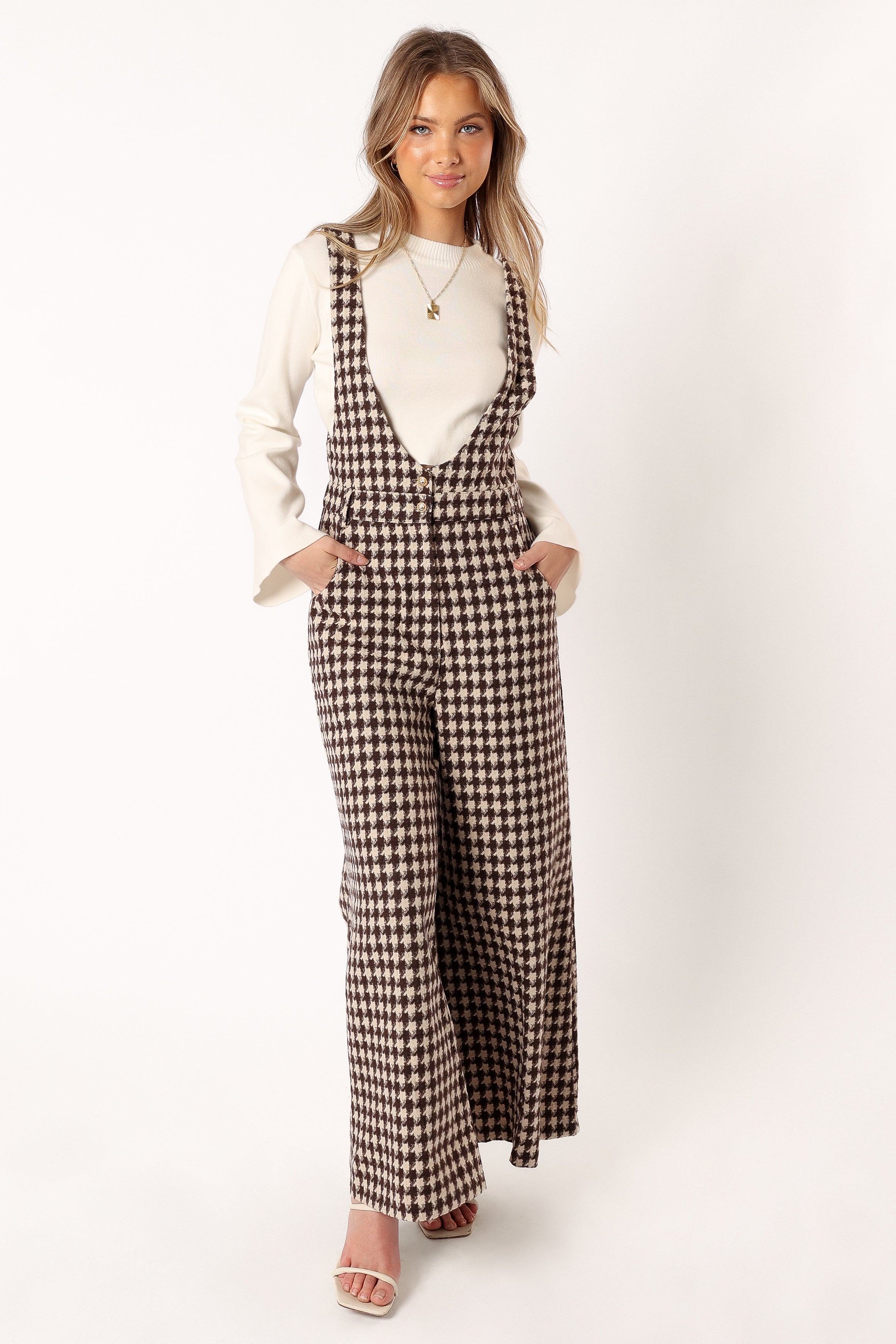 Women's Tan Houndstooth Wide Leg Jumpsuit - V Neck with Pockets