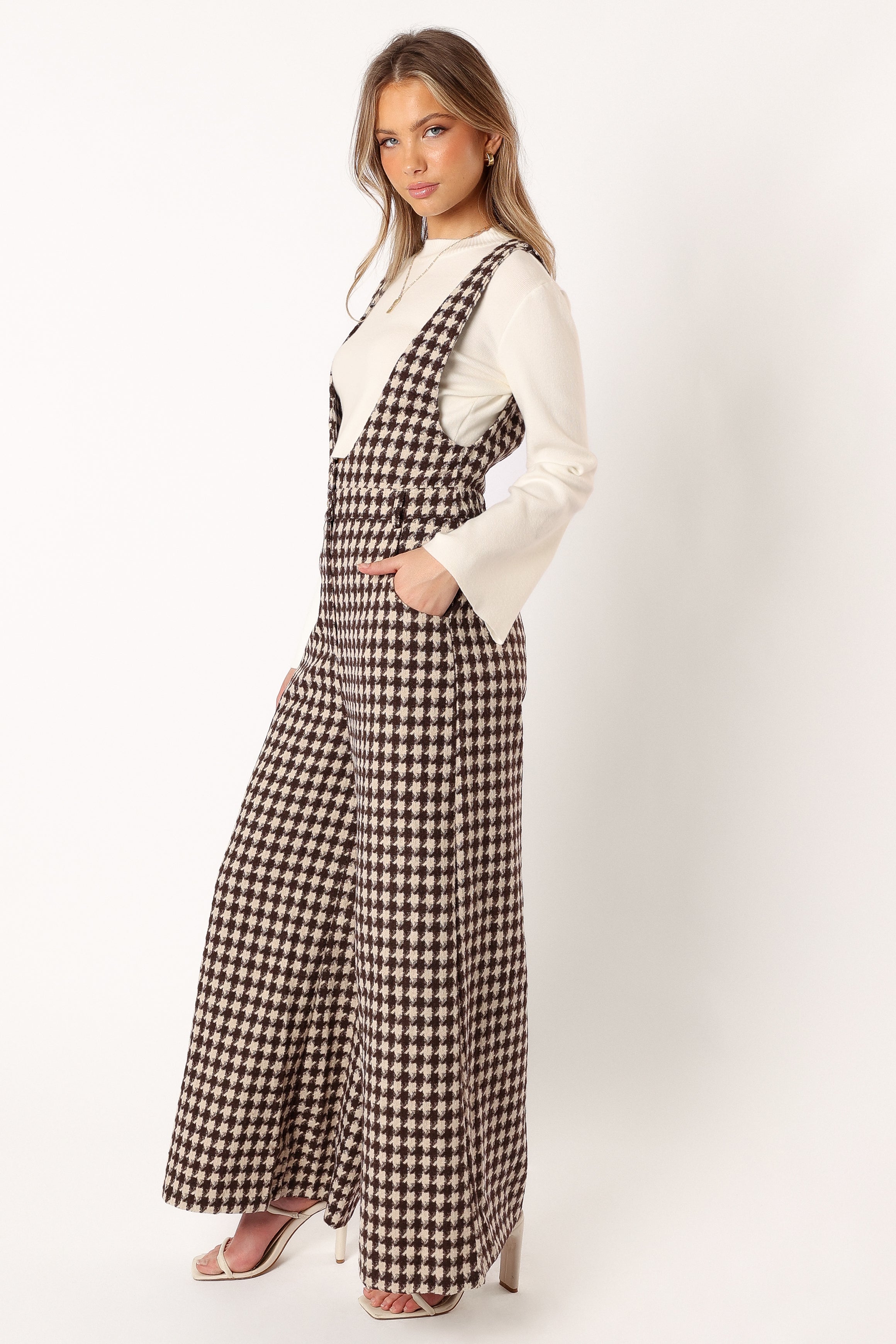 Women's Tan Houndstooth Wide Leg Jumpsuit - V Neck with Pockets
