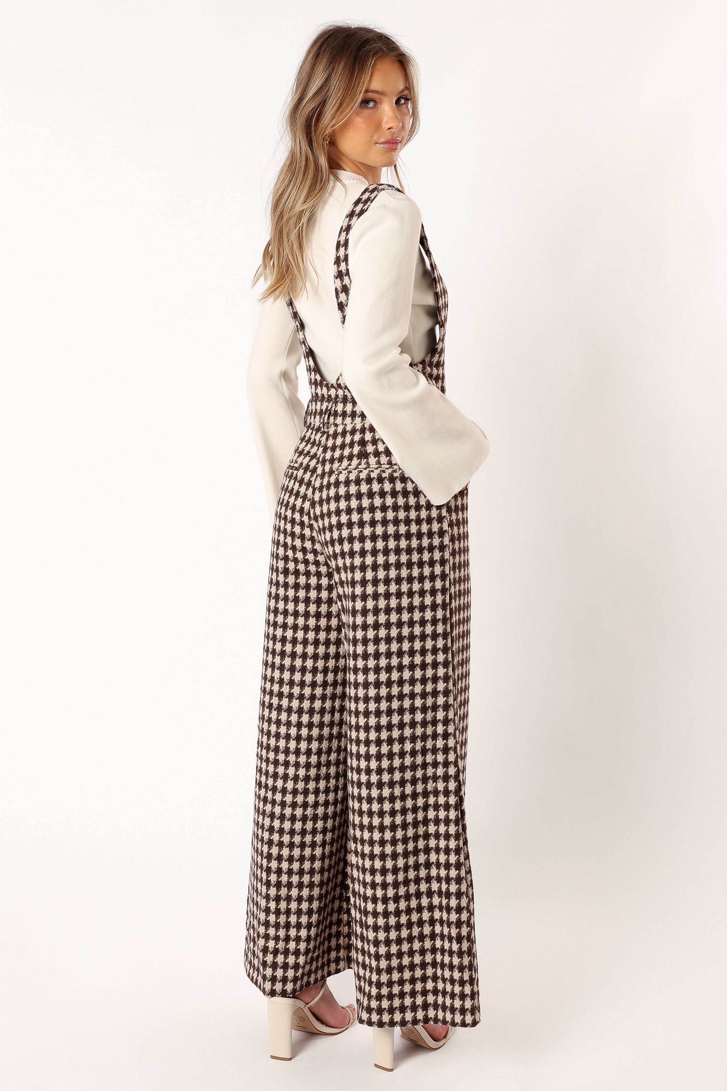 Women's Tan Houndstooth Wide Leg Jumpsuit - V Neck with Pockets