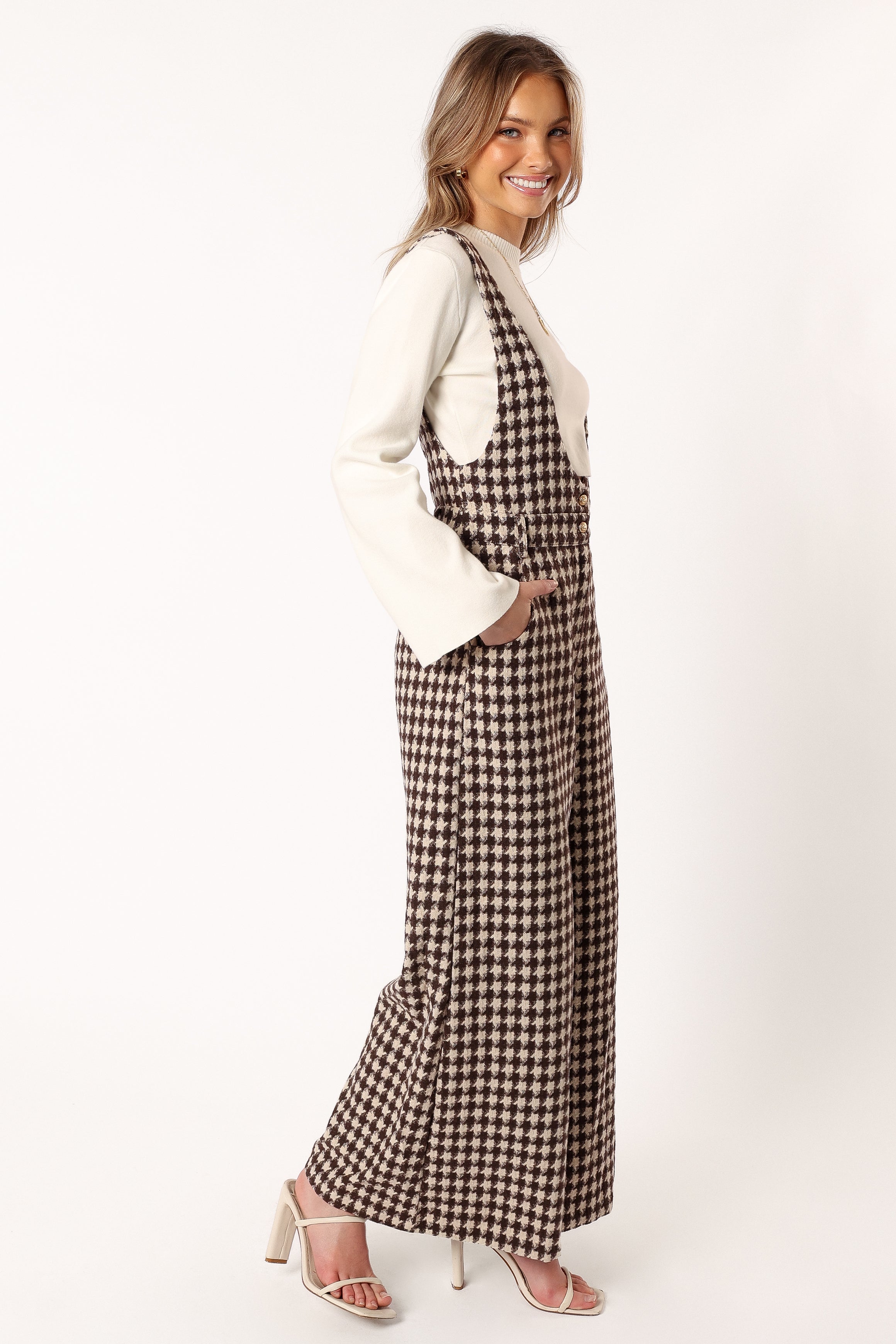Women's Tan Houndstooth Wide Leg Jumpsuit - V Neck with Pockets