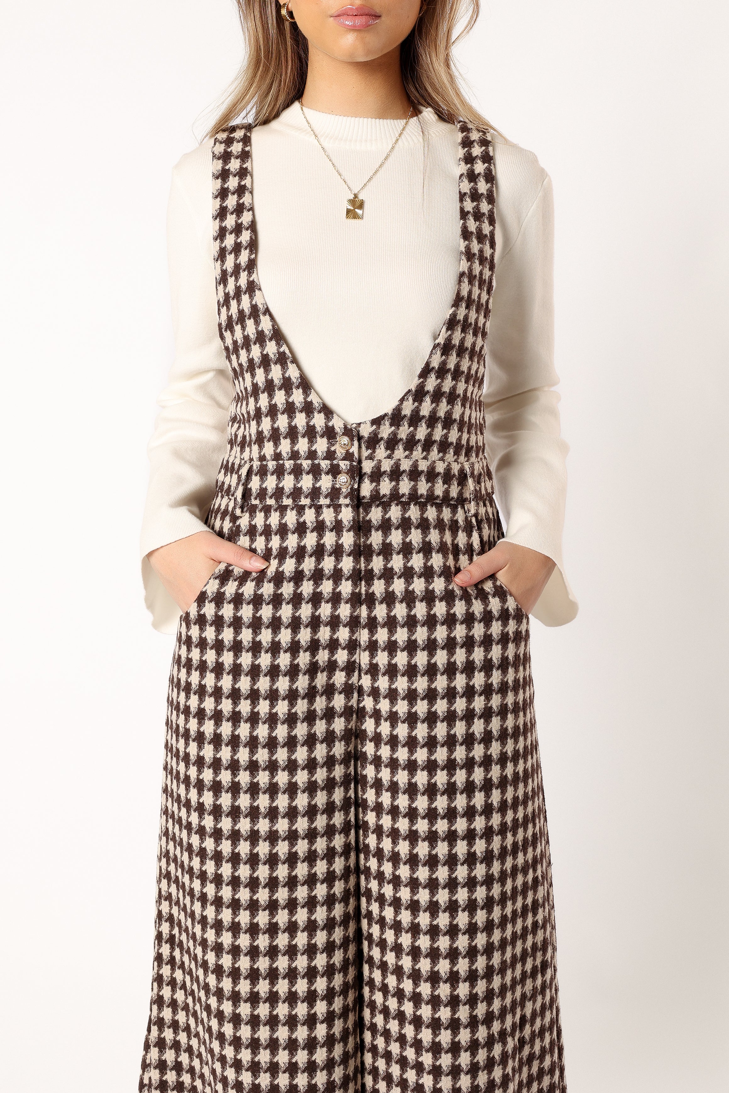 Women's Tan Houndstooth Wide Leg Jumpsuit - V Neck with Pockets