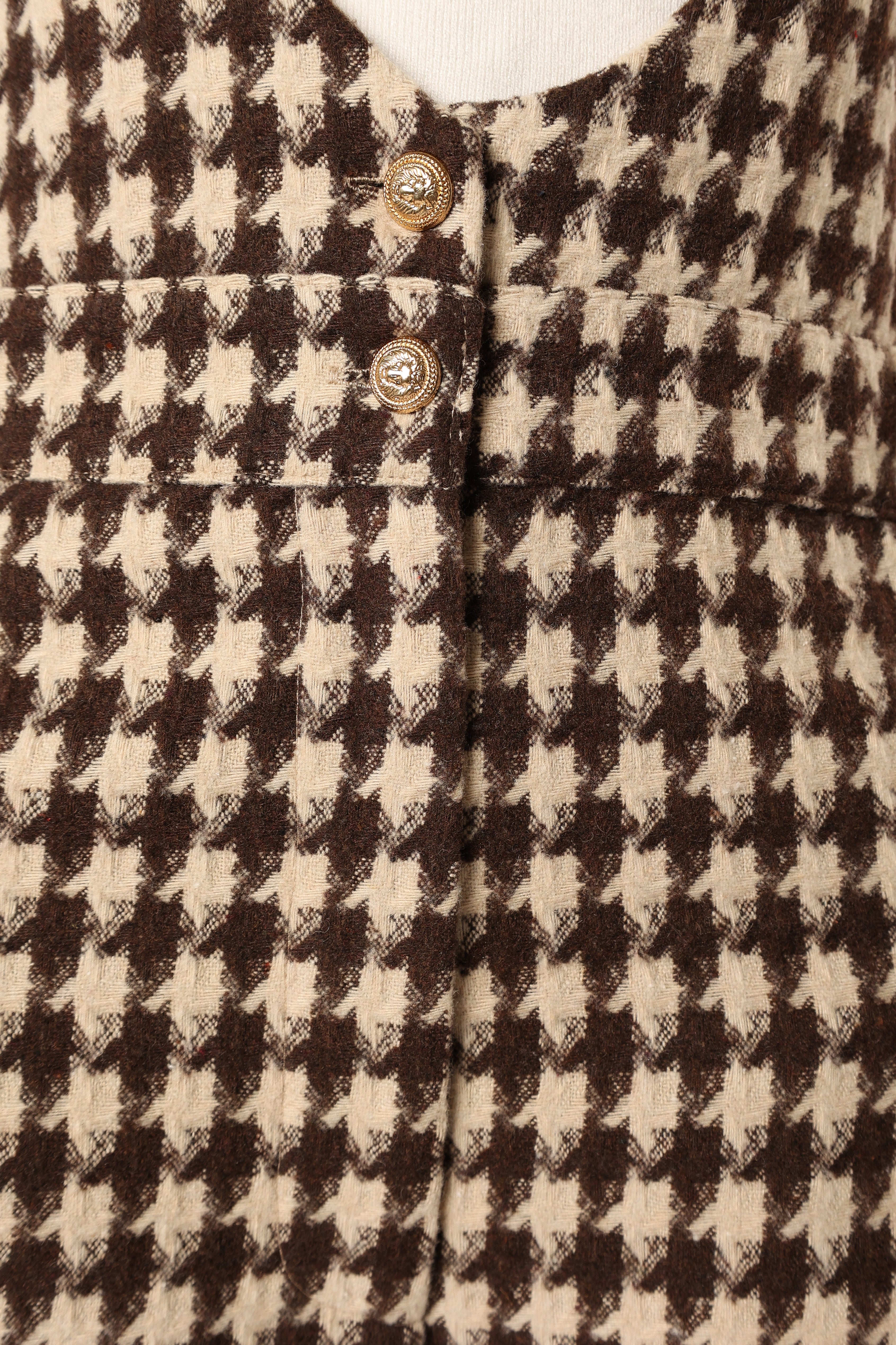 Women's Tan Houndstooth Wide Leg Jumpsuit - V Neck with Pockets