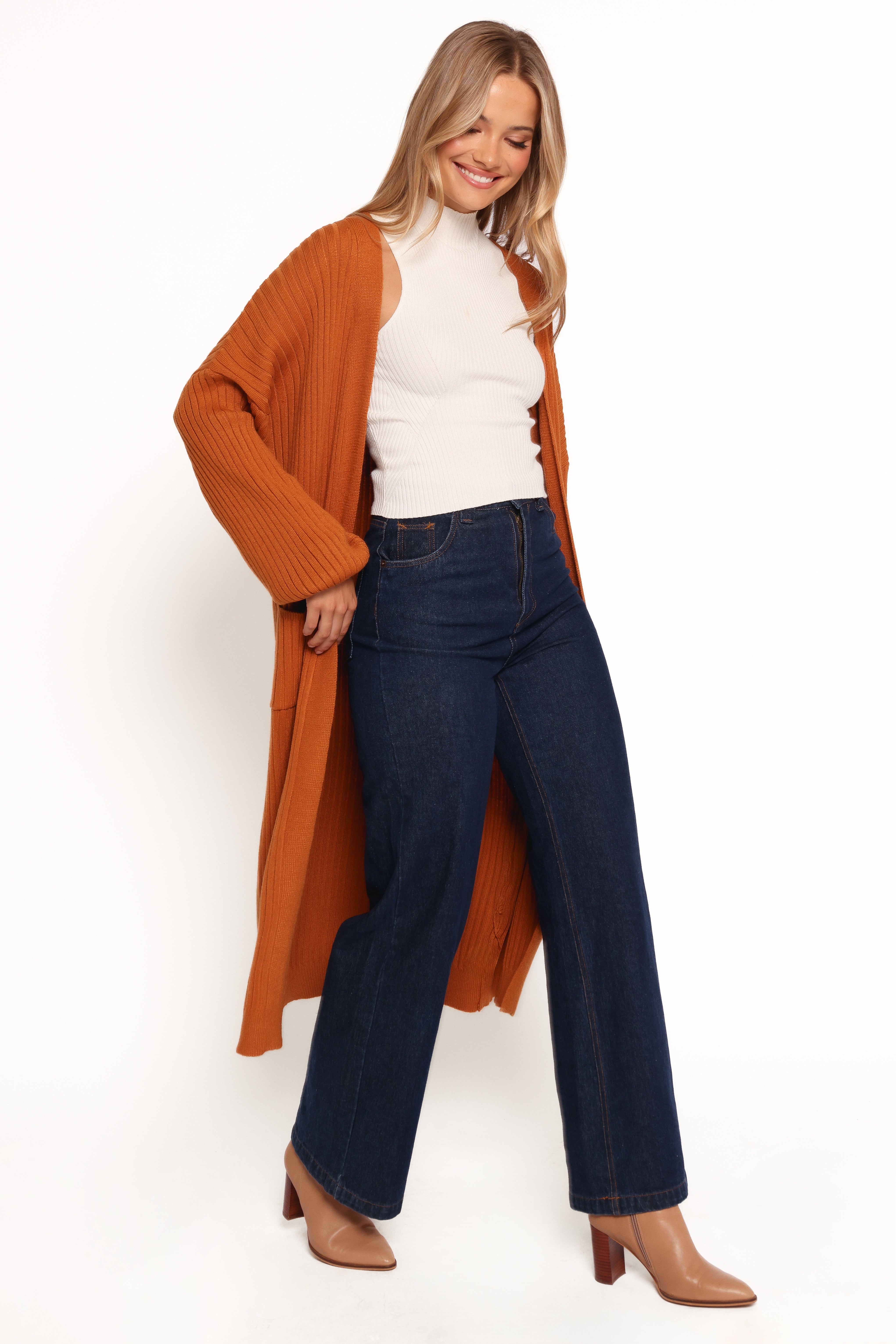 Makenna Rust Long Open Front Cardigan for Women