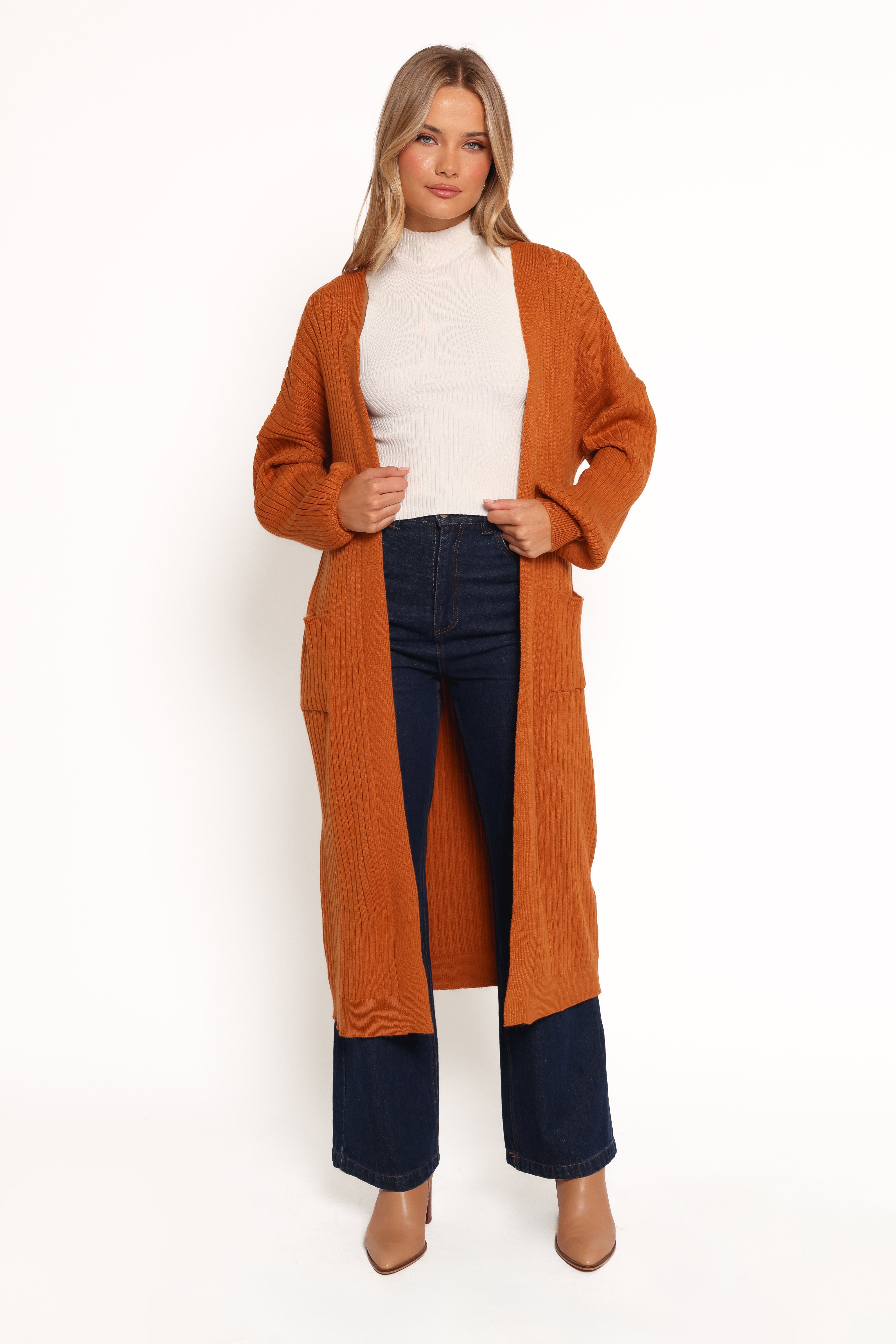 Makenna Rust Long Open Front Cardigan for Women
