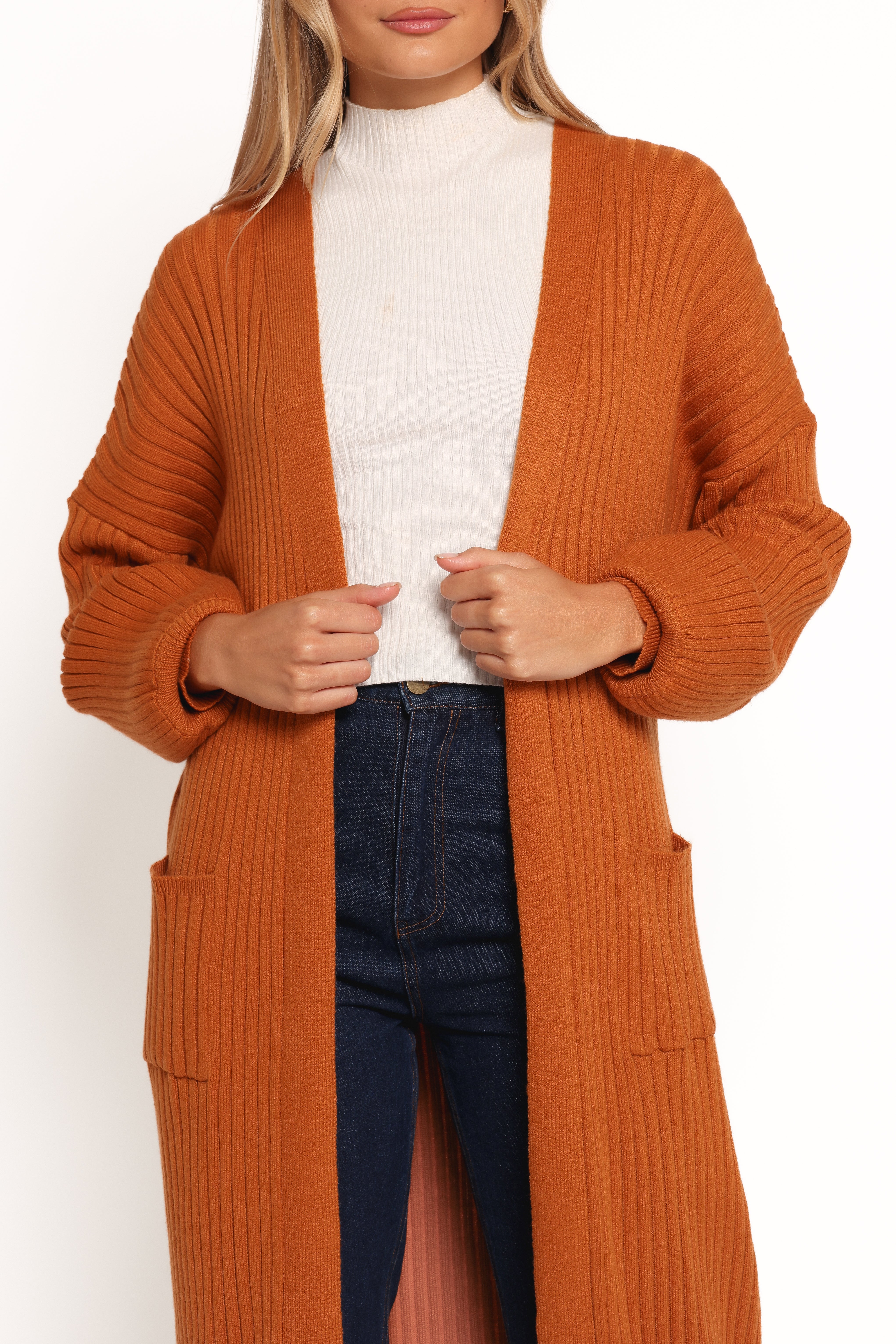 Makenna Rust Long Open Front Cardigan for Women