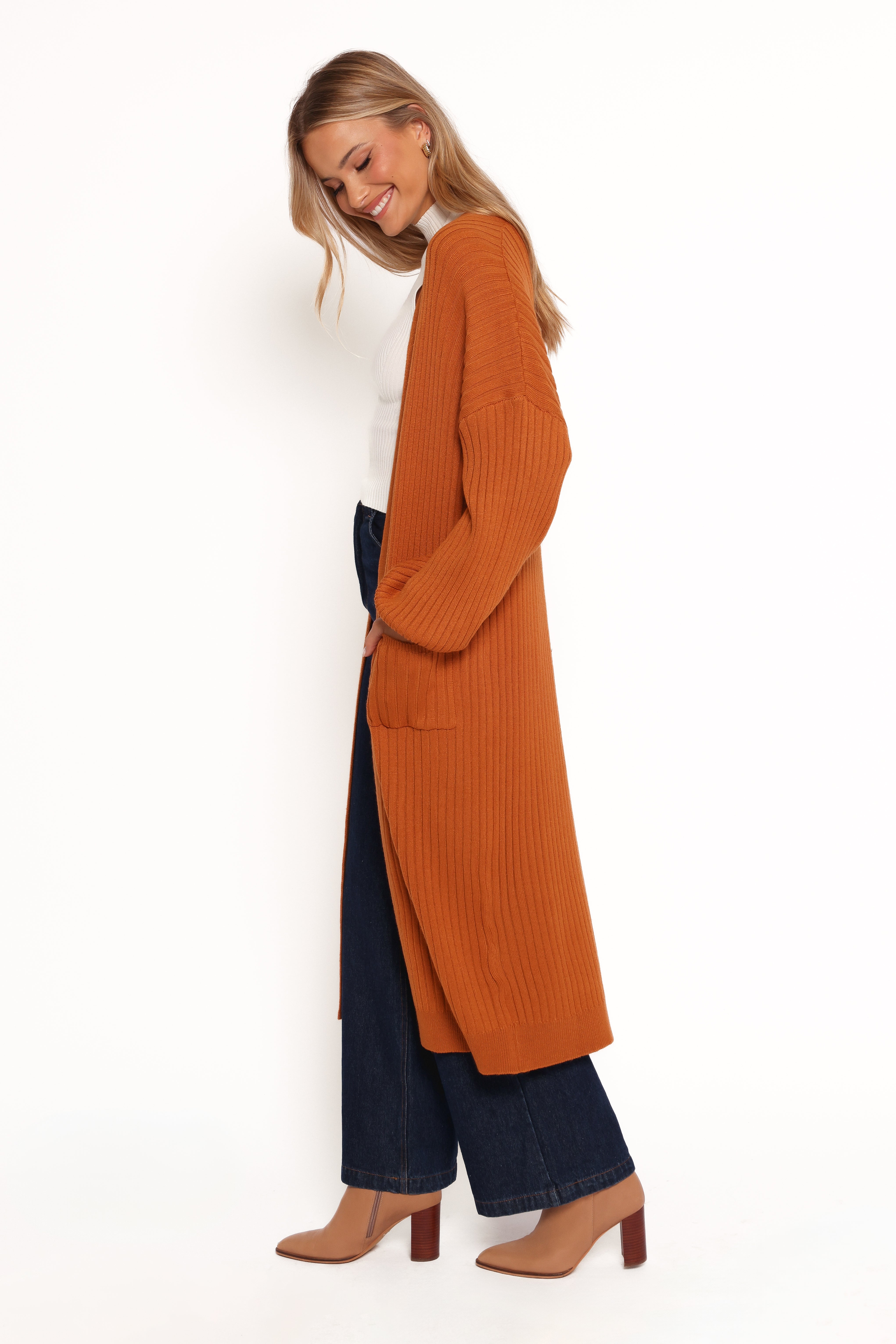 Makenna Rust Long Open Front Cardigan for Women