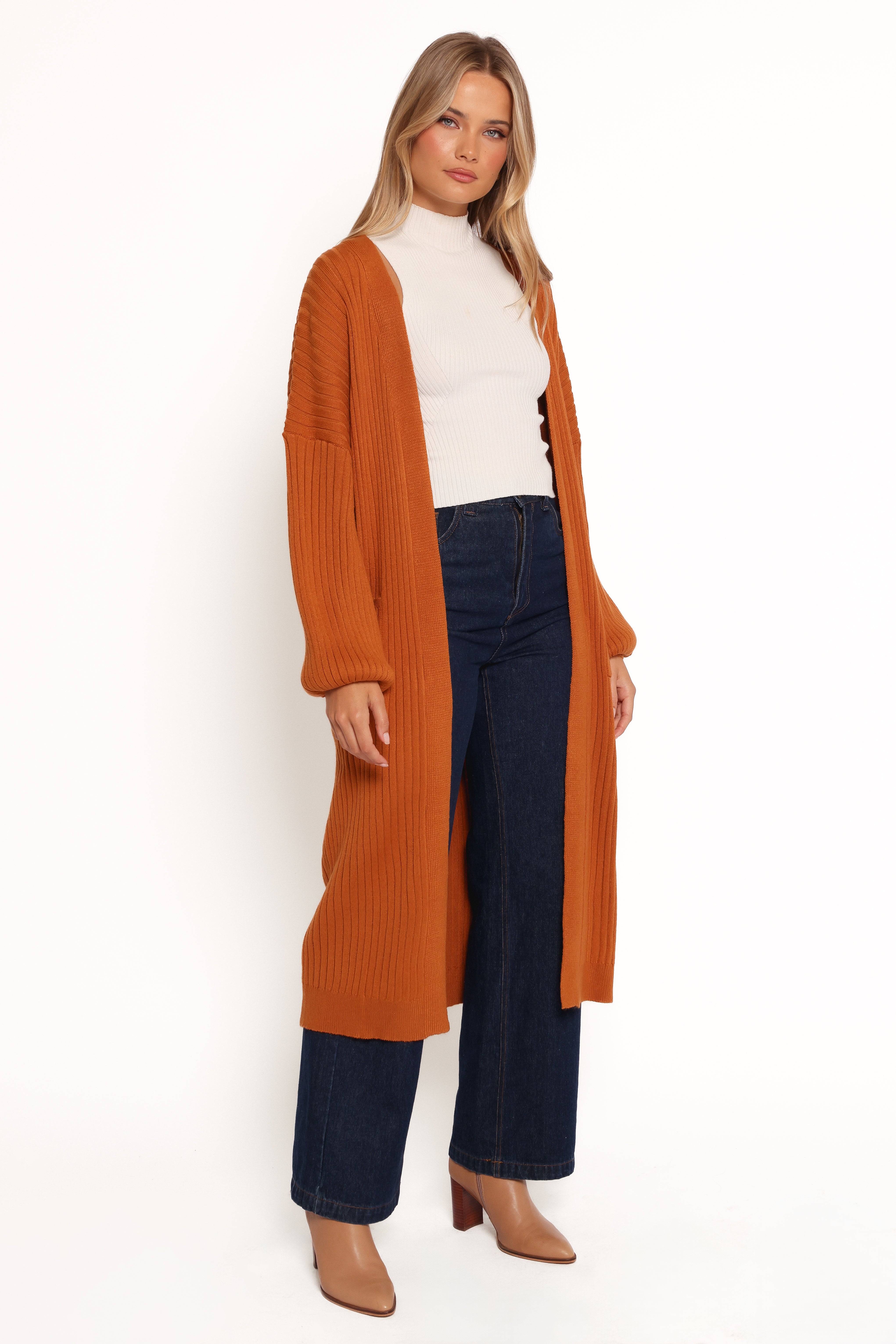 Makenna Rust Long Open Front Cardigan for Women