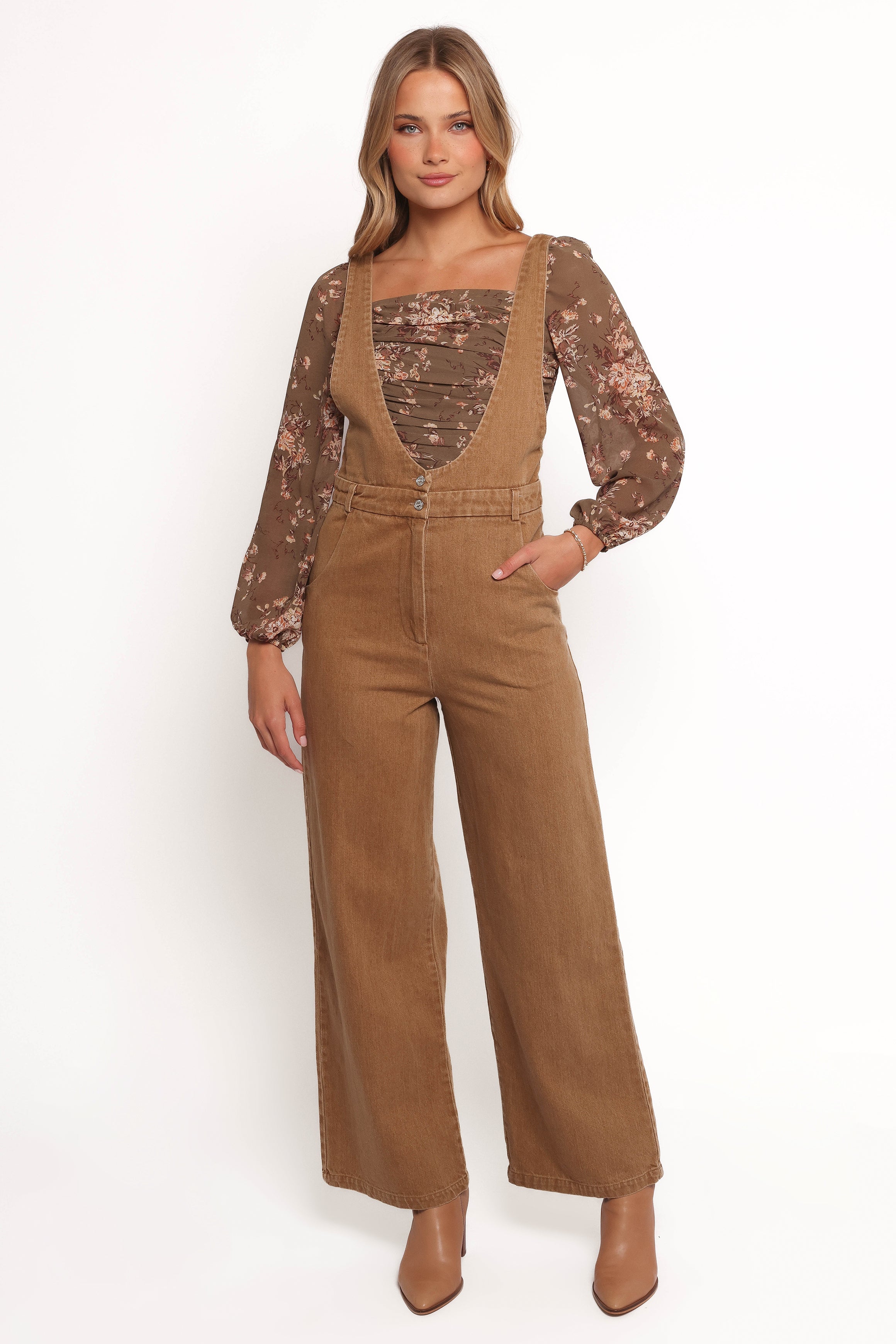 Vieve Denim Jumpsuit for Women - Brown Wide Leg Cotton Romper