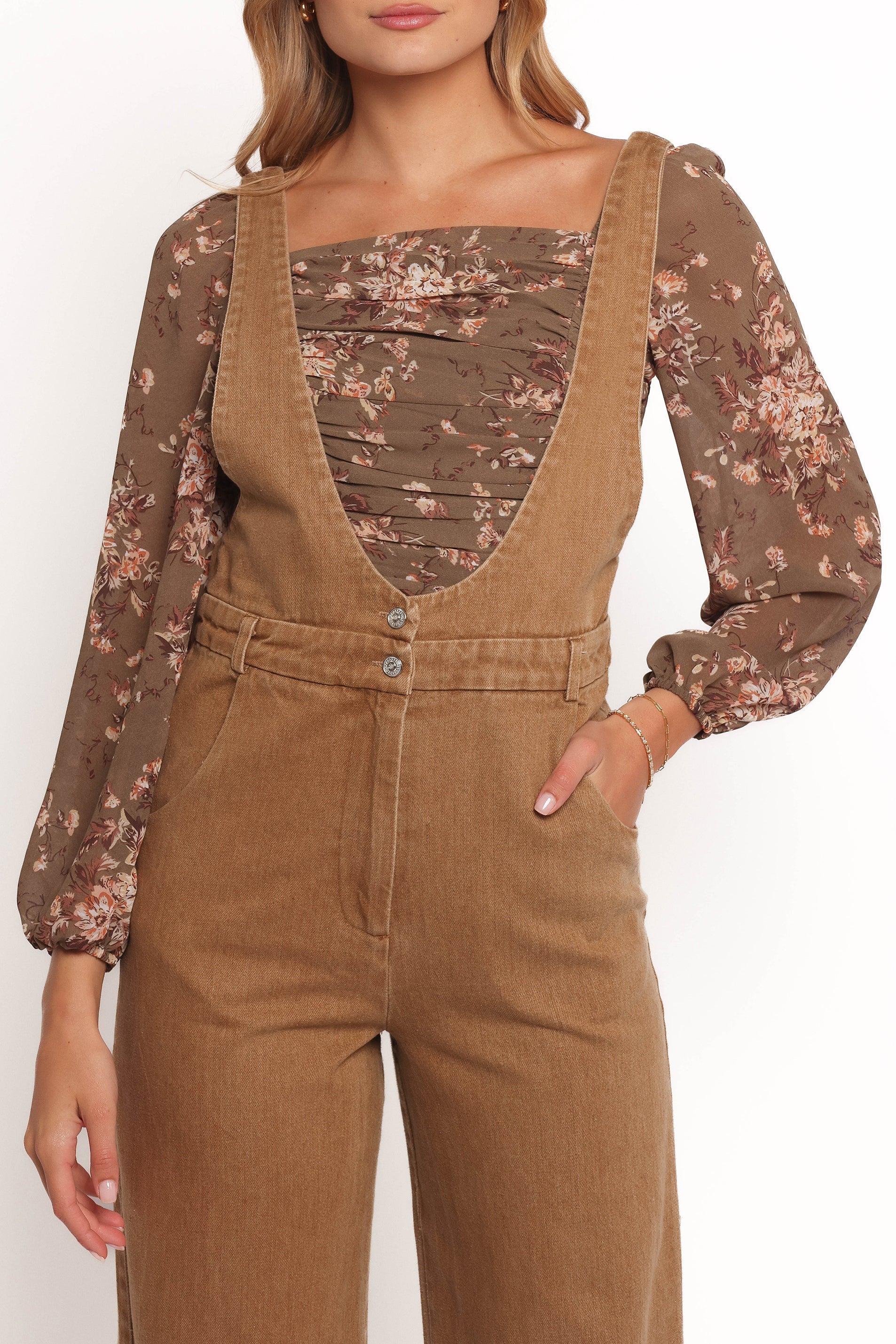 Vieve Denim Jumpsuit for Women - Brown Wide Leg Cotton Romper