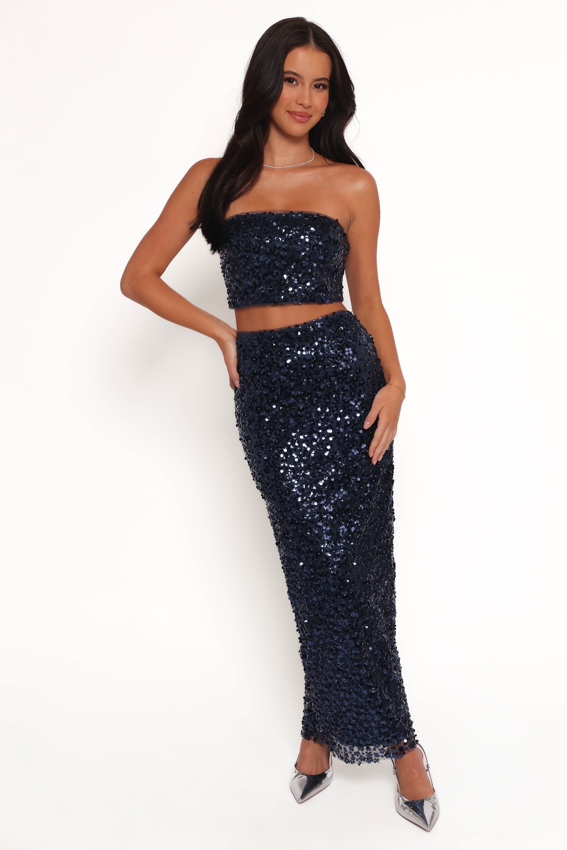 Glissy Sequin Skirt & Top Set - Navy Strapless Party Outfit
