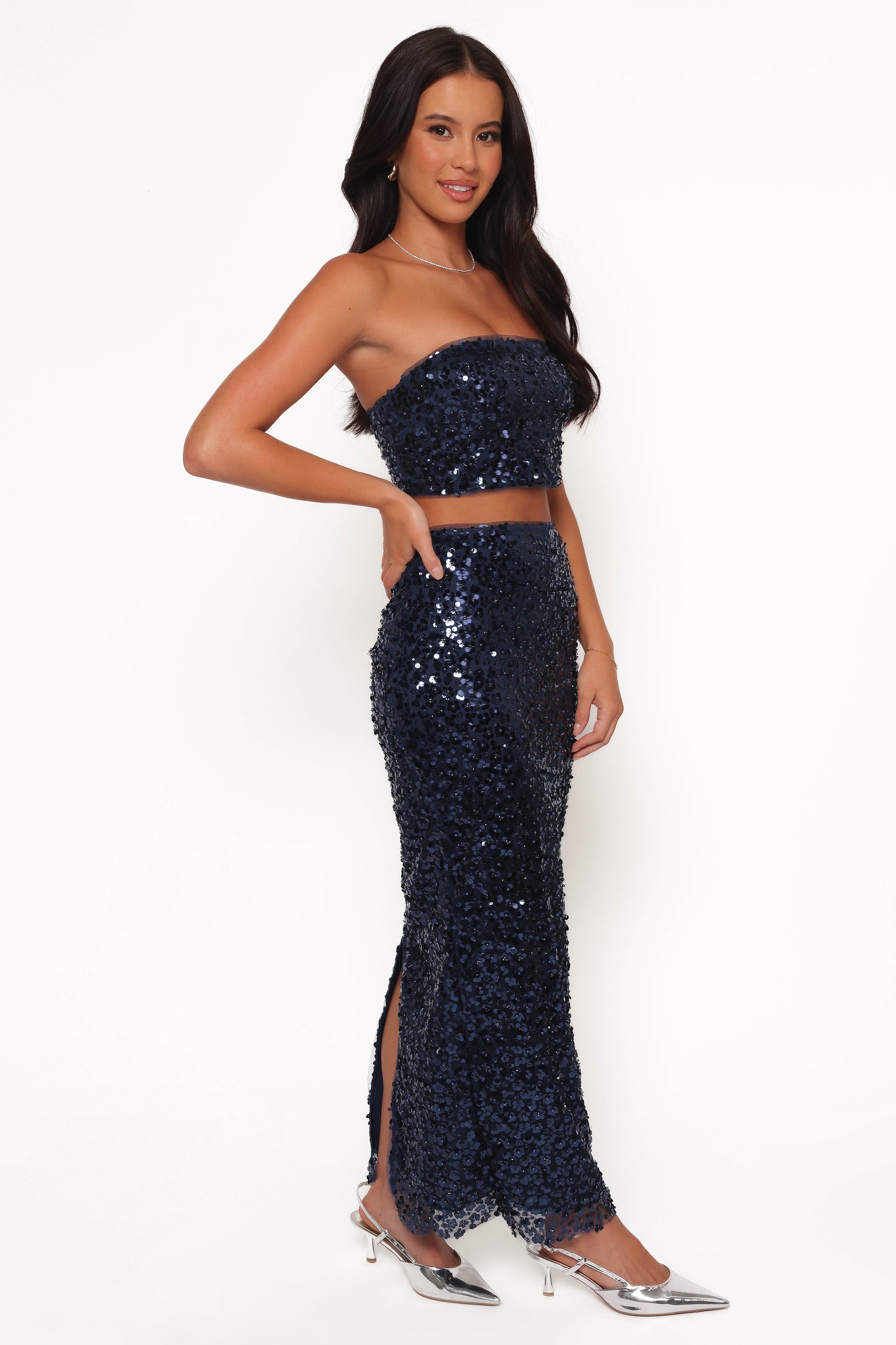Glissy Sequin Skirt & Top Set - Navy Strapless Party Outfit