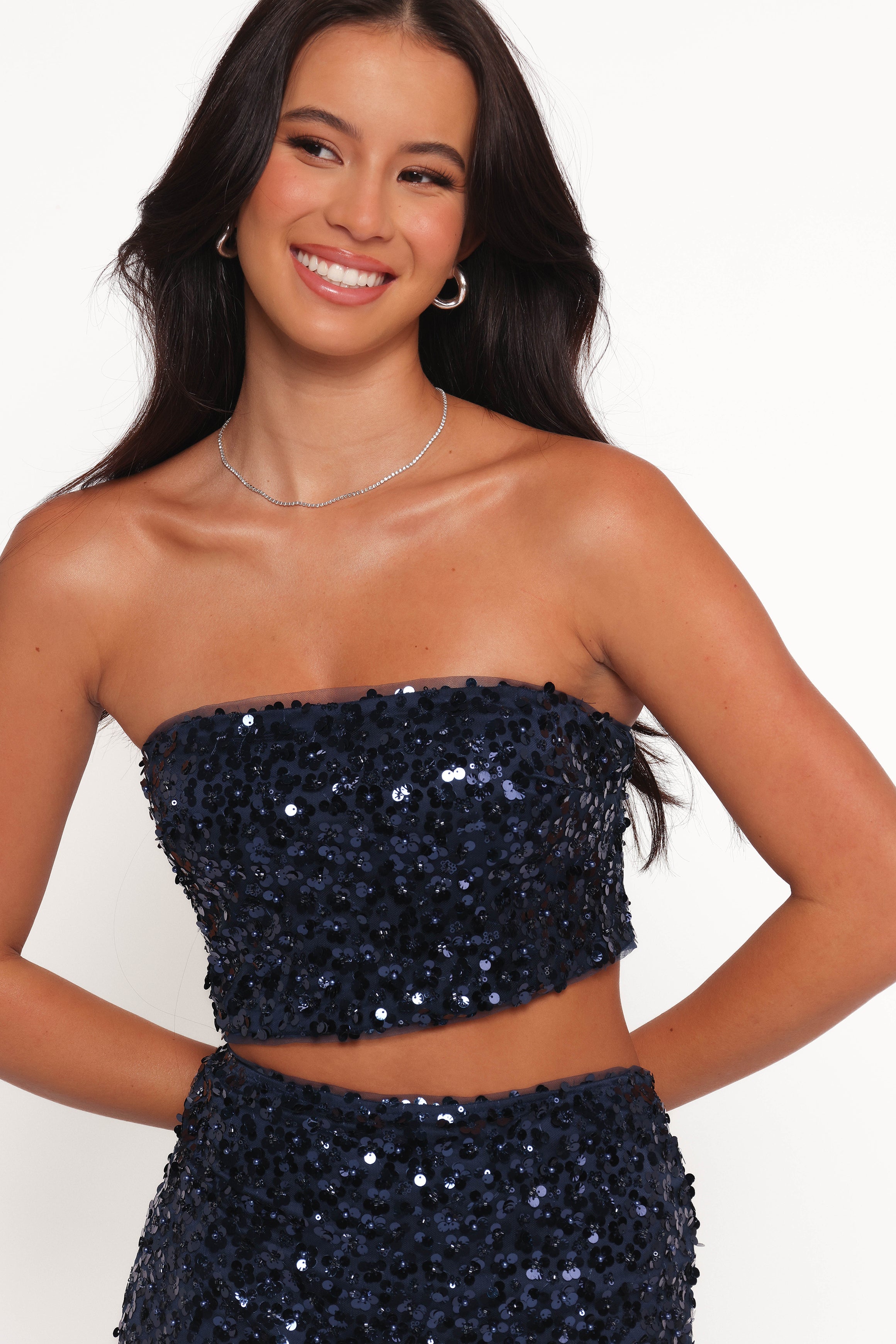 Glissy Sequin Skirt & Top Set - Navy Strapless Party Outfit
