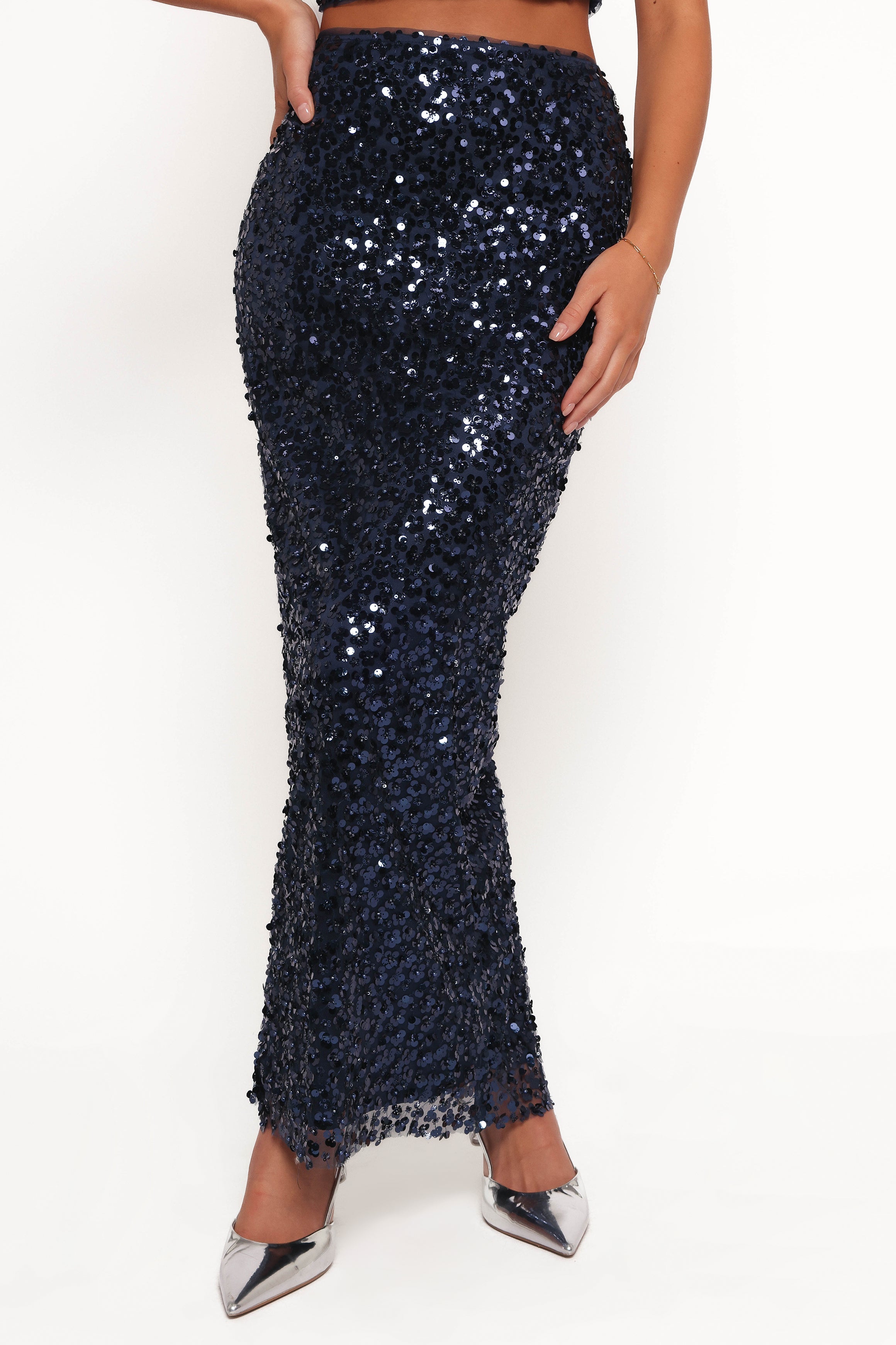 Glissy Sequin Skirt & Top Set - Navy Strapless Party Outfit