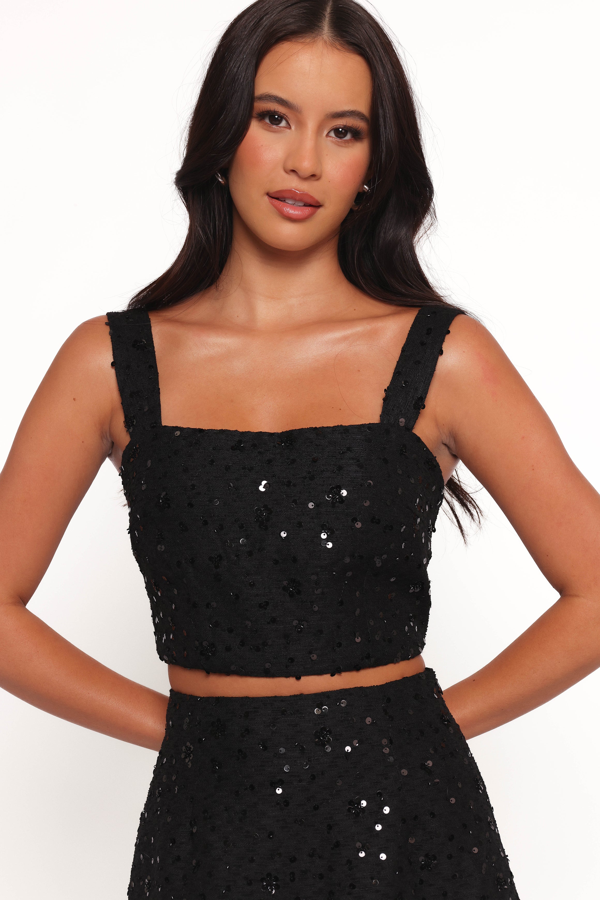 Shavvy Black Sequin Mini Skirt Set with Cropped Top