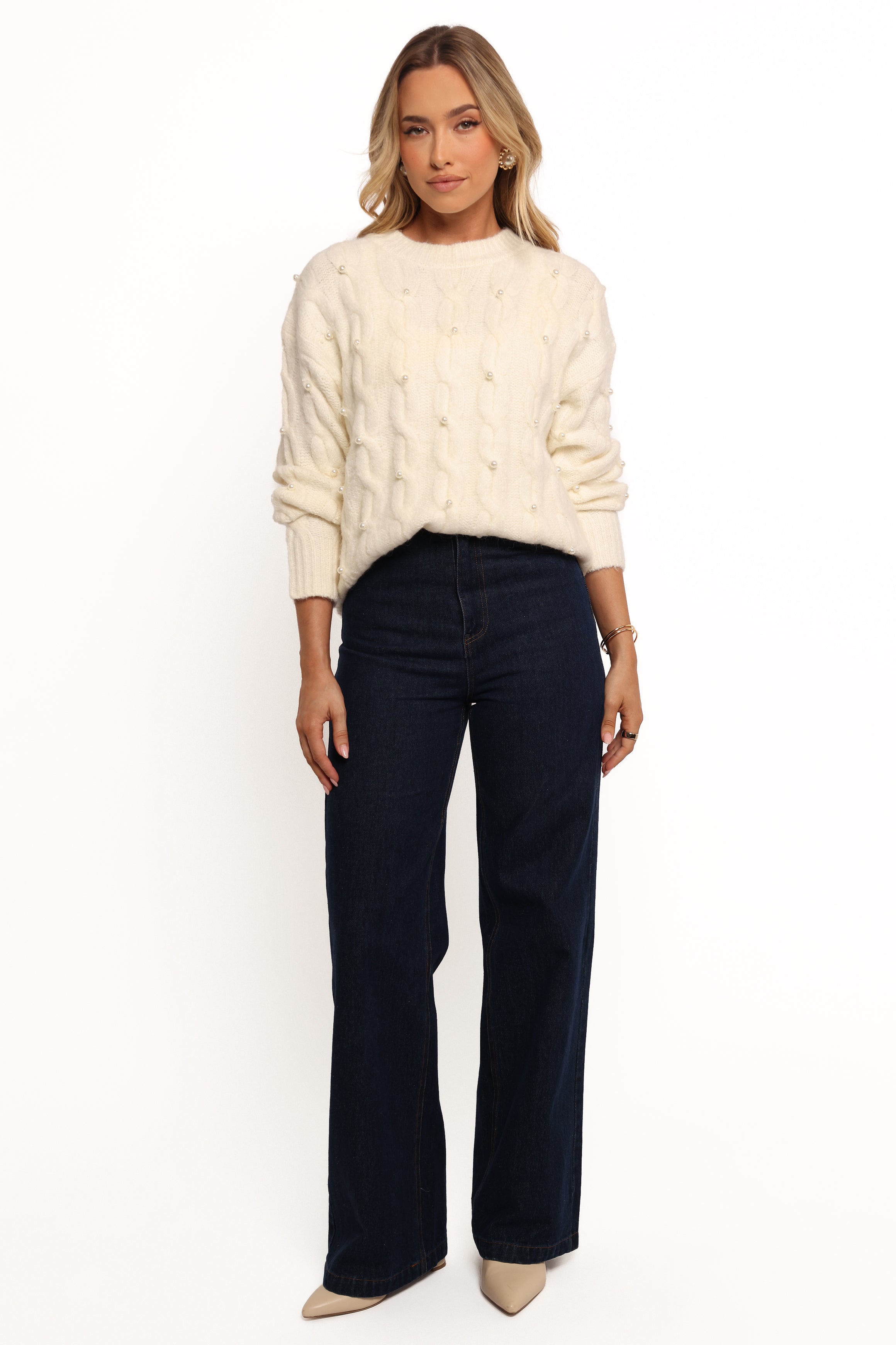 Kalai Cable Knit Pearl Embellished Sweater - Cream