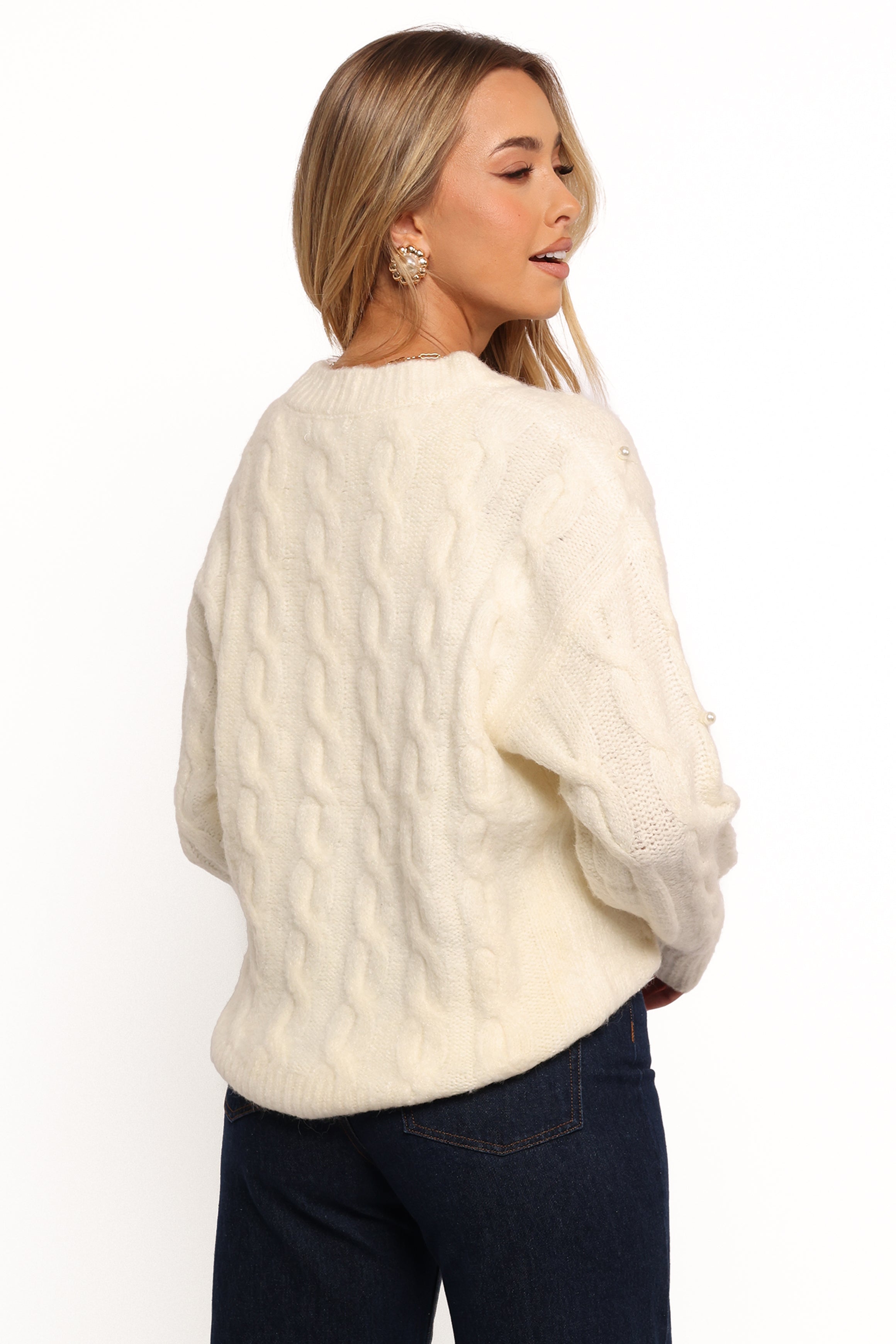 Kalai Cable Knit Pearl Embellished Sweater - Cream