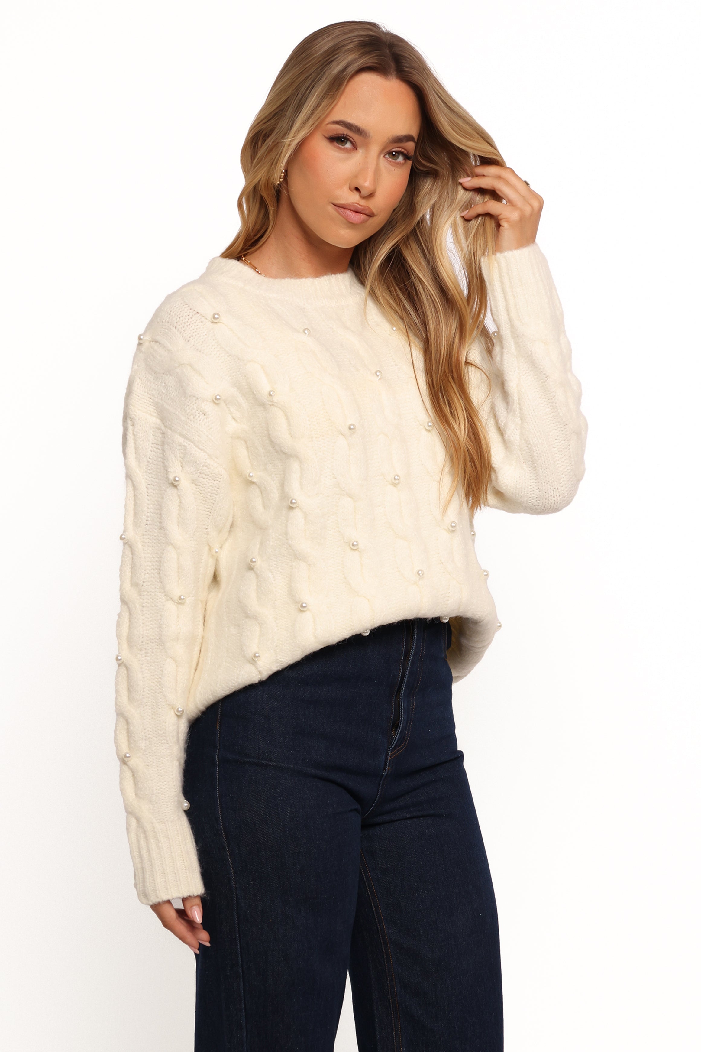Kalai Cable Knit Pearl Embellished Sweater - Cream