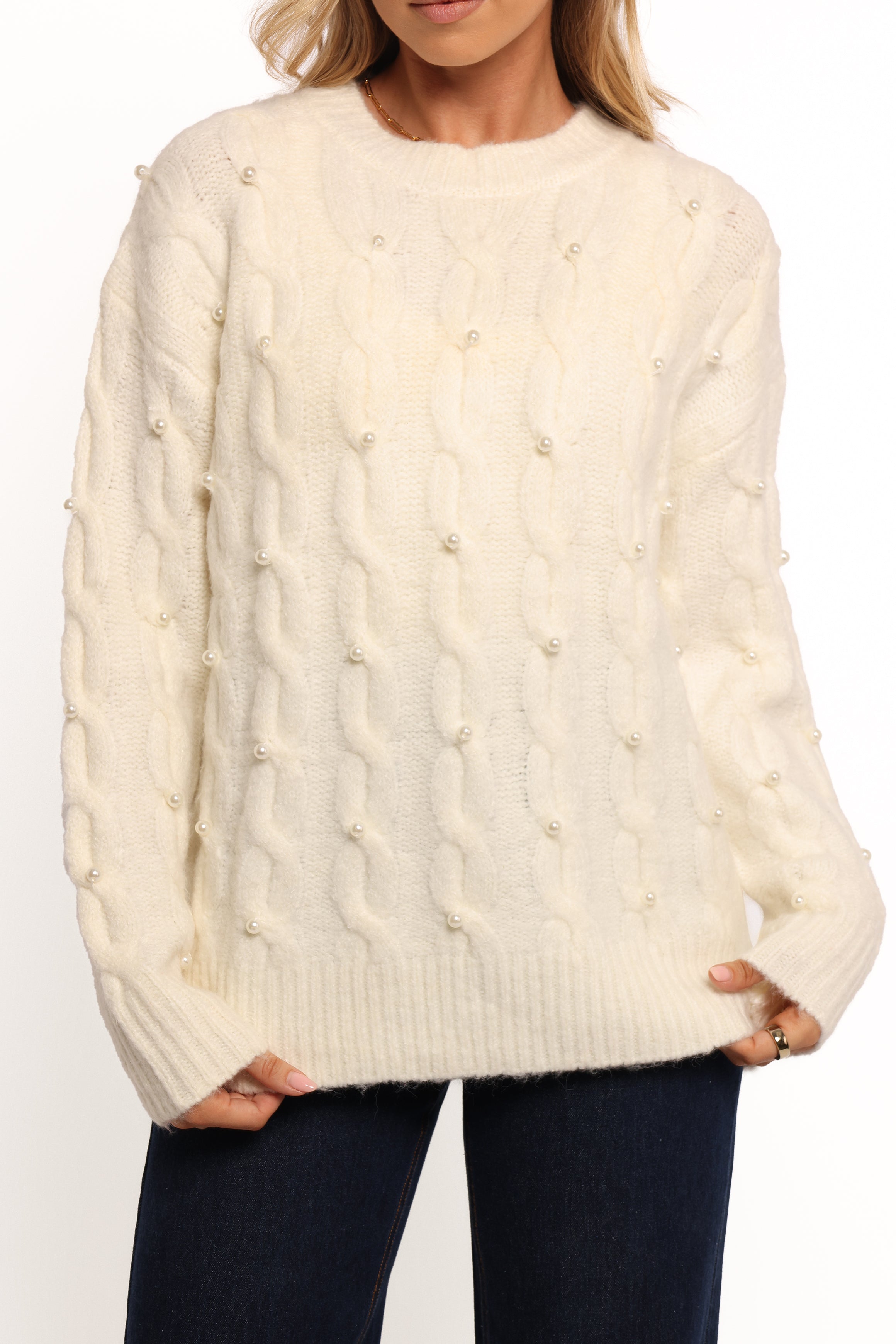 Kalai Cable Knit Pearl Embellished Sweater - Cream