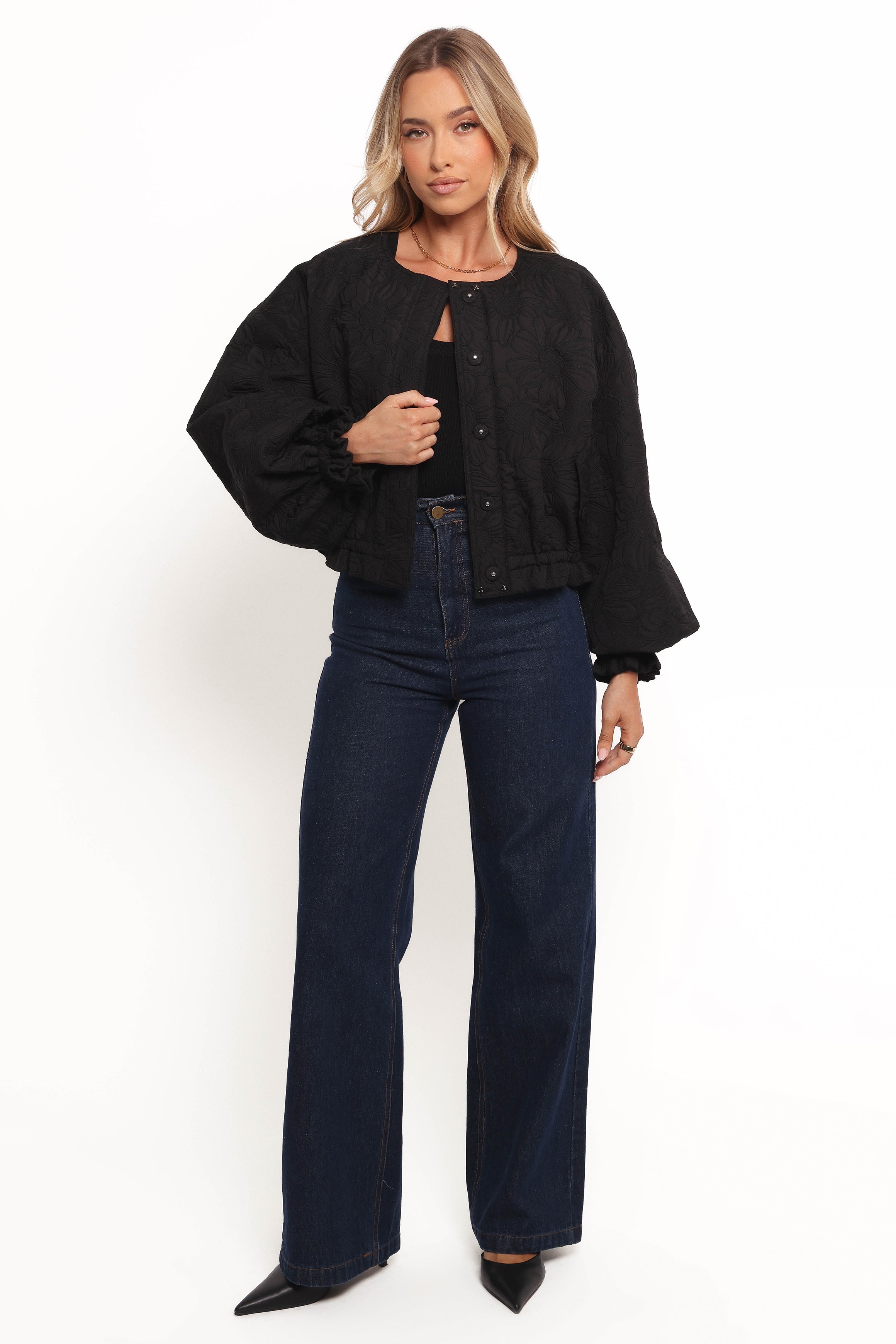 Black Embroidered Floral Bomber Jacket - Yuki Tonal Design