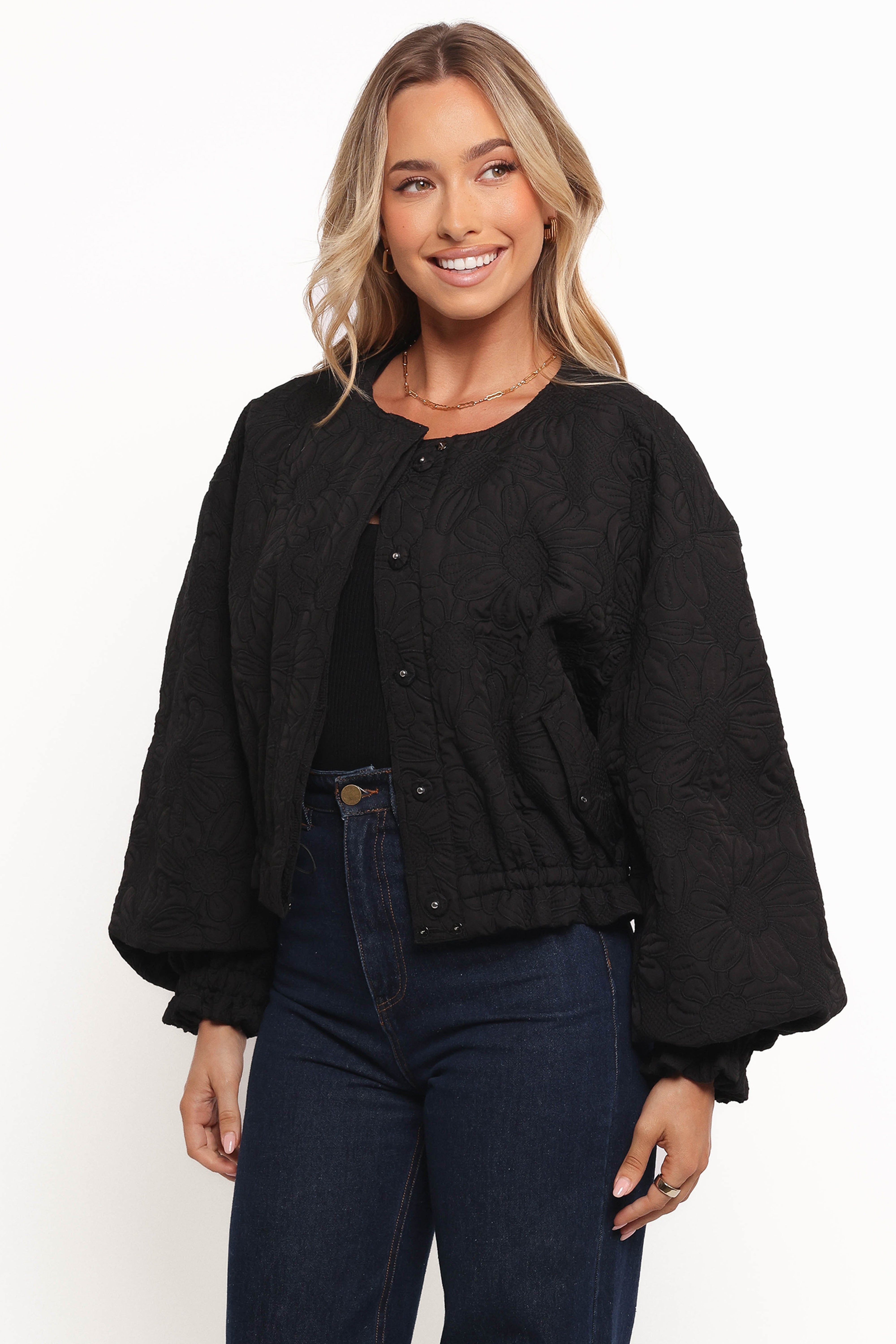 Black Embroidered Floral Bomber Jacket - Yuki Tonal Design