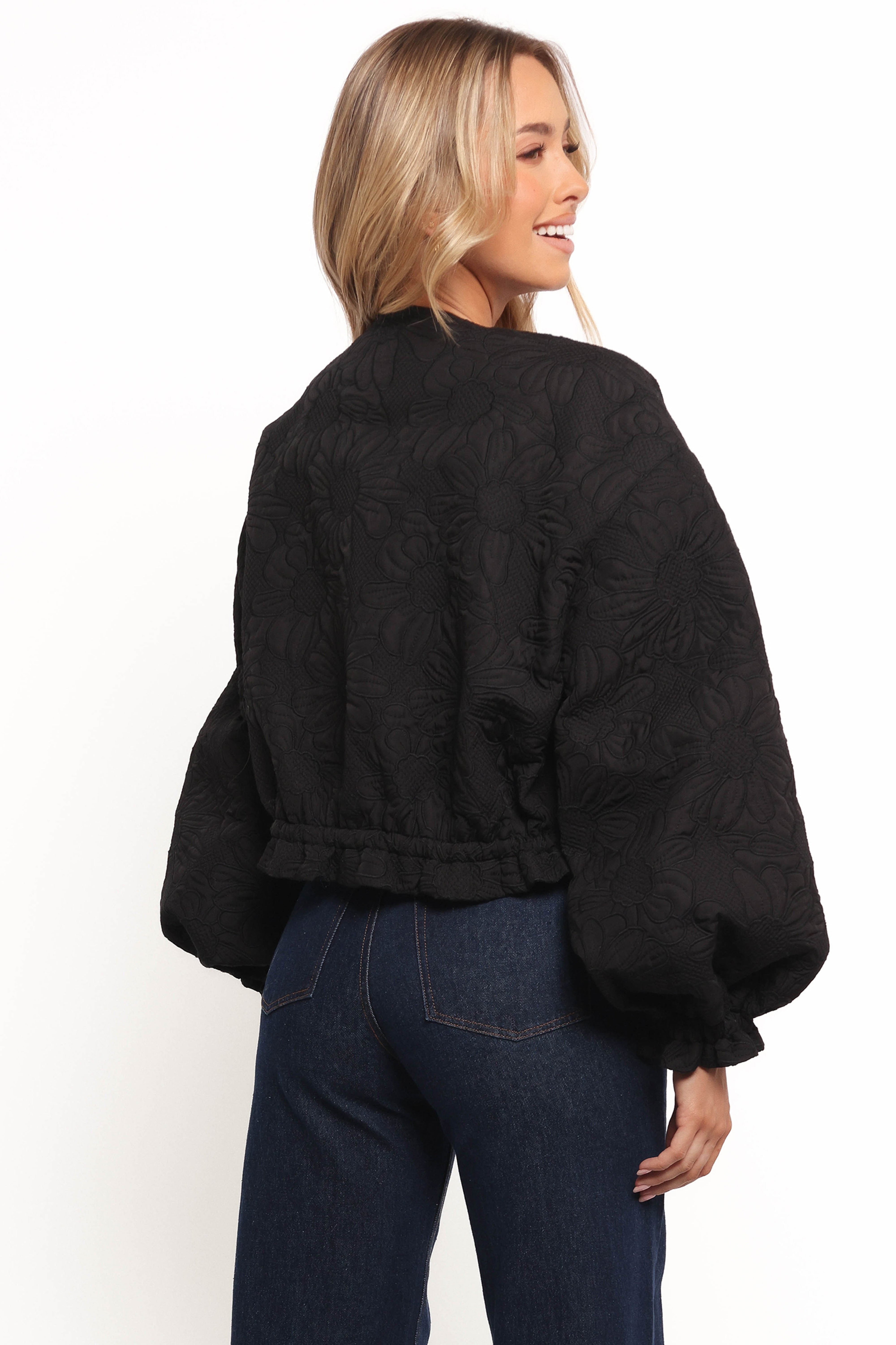 Black Embroidered Floral Bomber Jacket - Yuki Tonal Design