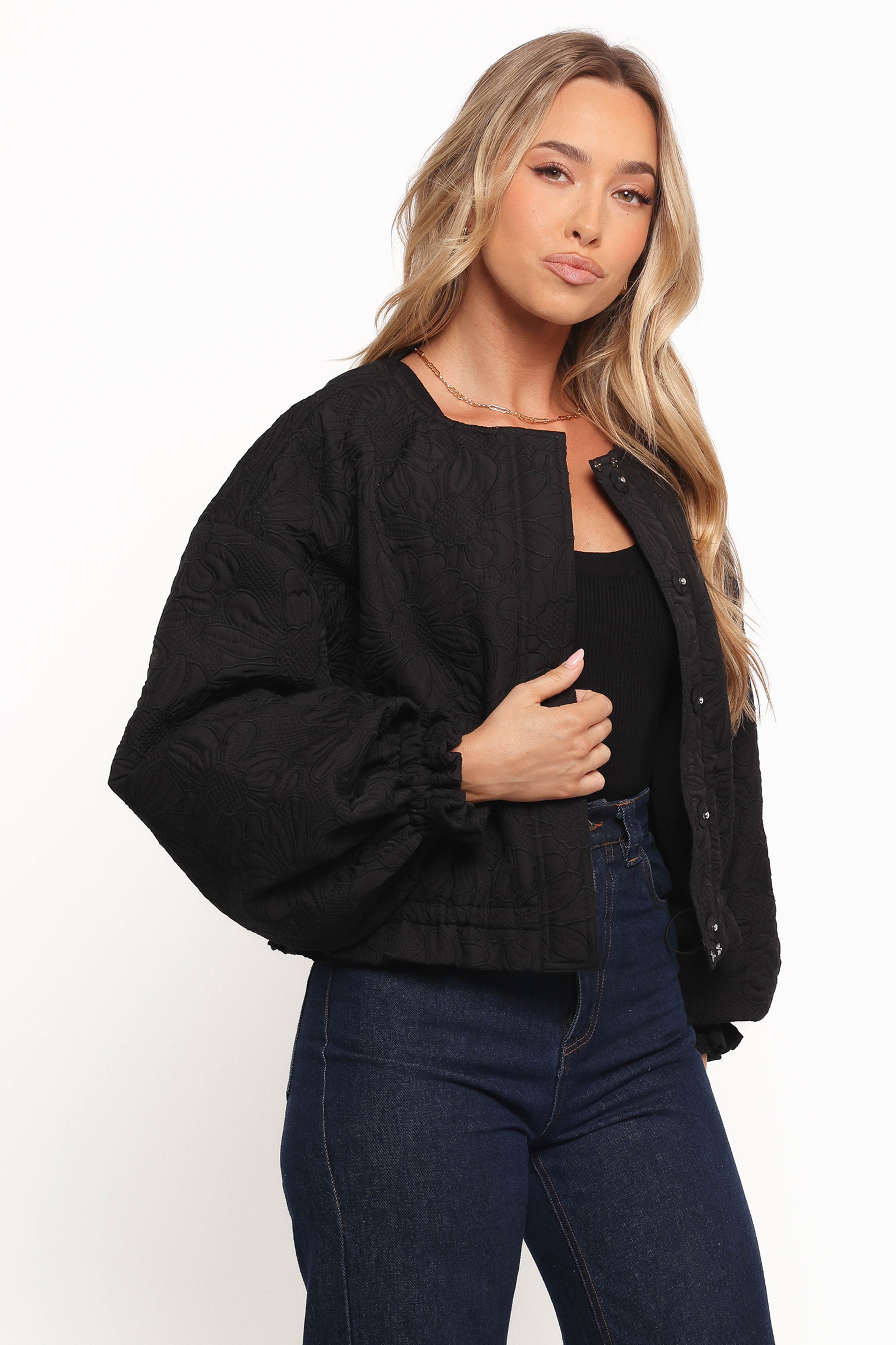 Black Embroidered Floral Bomber Jacket - Yuki Tonal Design