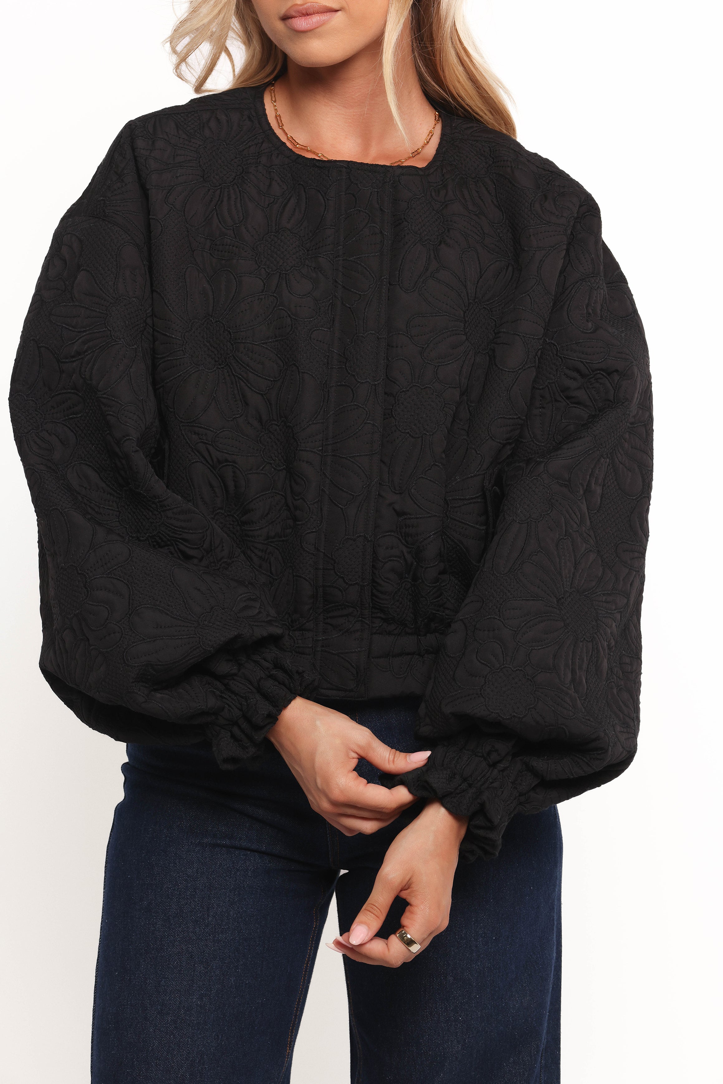 Black Embroidered Floral Bomber Jacket - Yuki Tonal Design