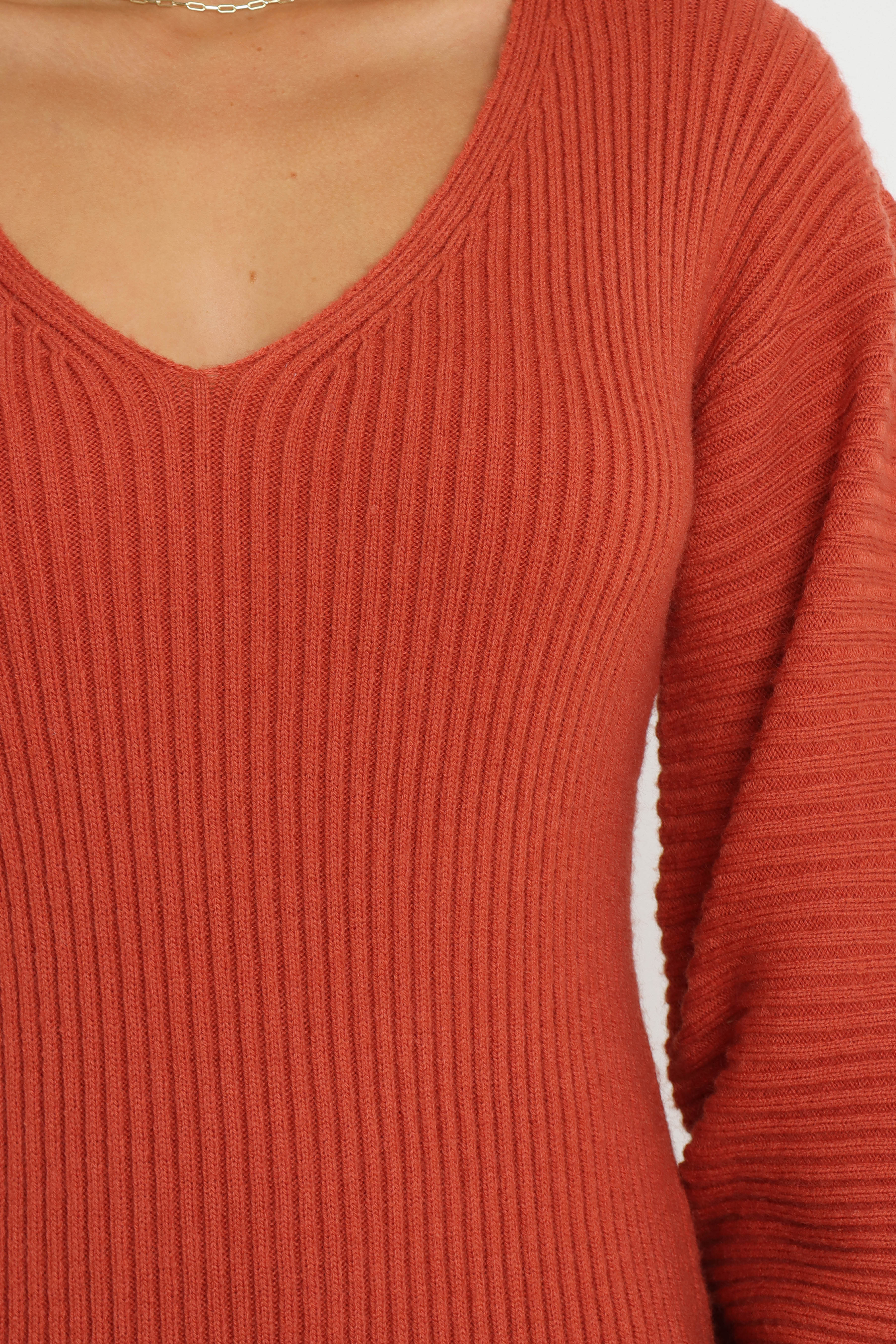 Rust Midi Dress with V-Neck & Long Sleeves - Caledonia