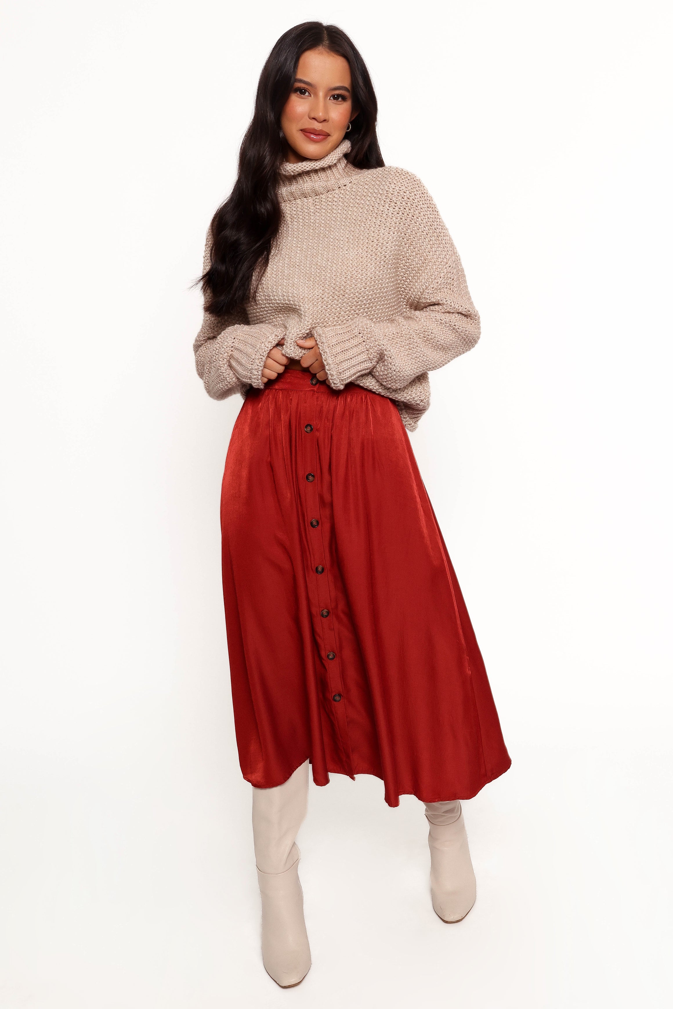 Ava Women's Rust A-Line Midi Skirt with Buttons