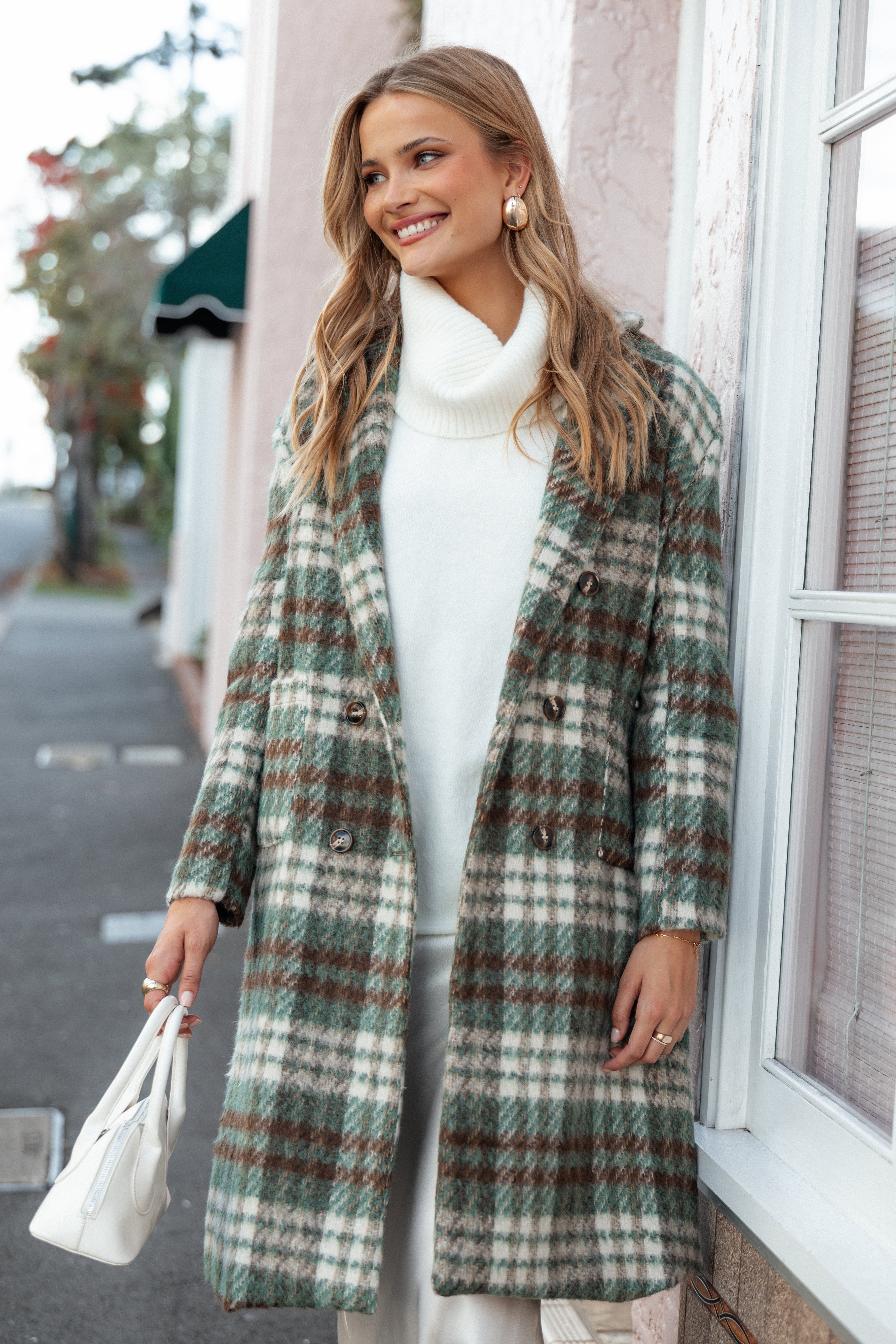 Anika Women's Plaid Trench Coat - Green/Brown Double-Breasted Long Coat
