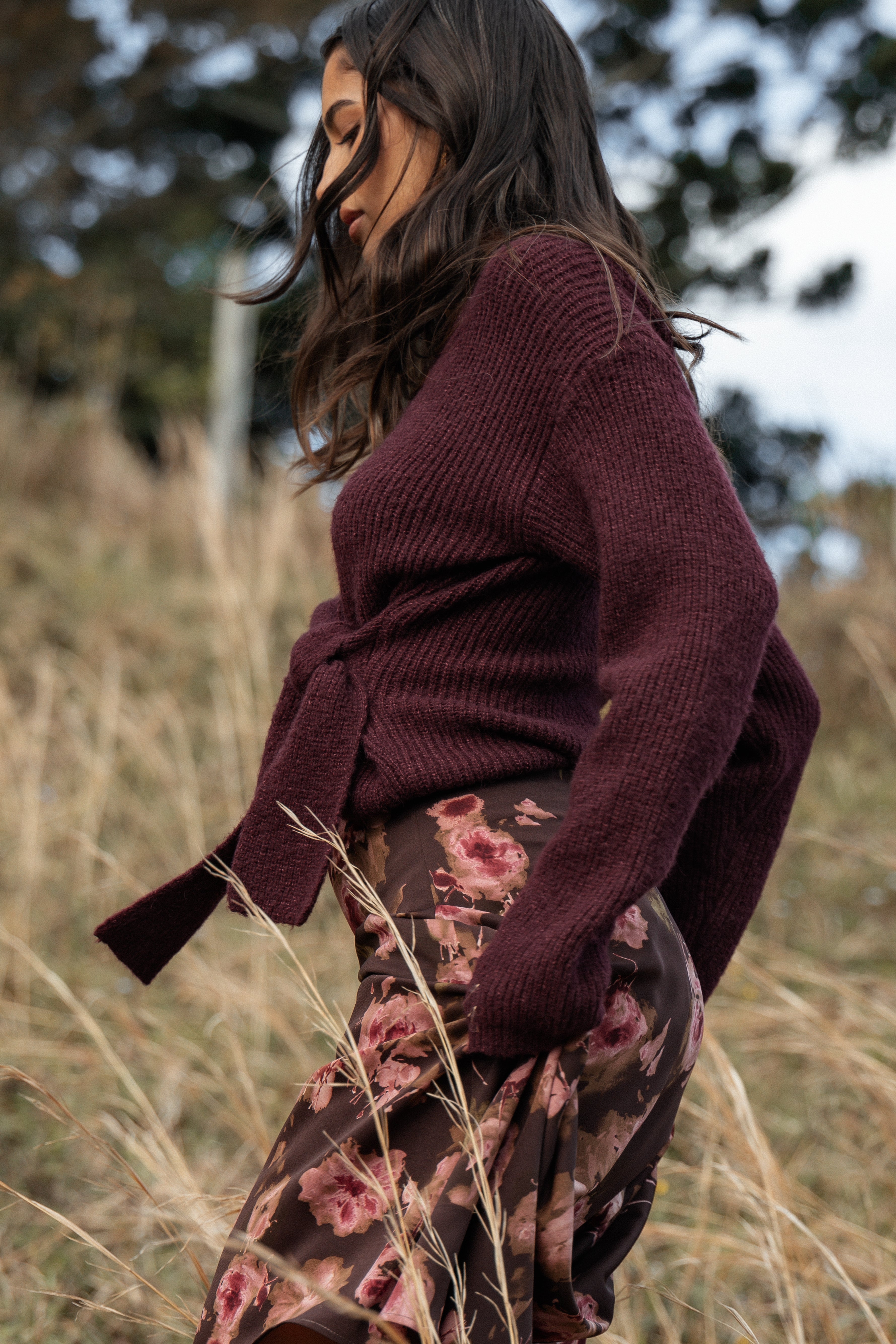 Burgundy Wrap Front Knit Sweater with Waist Tie - Ettie