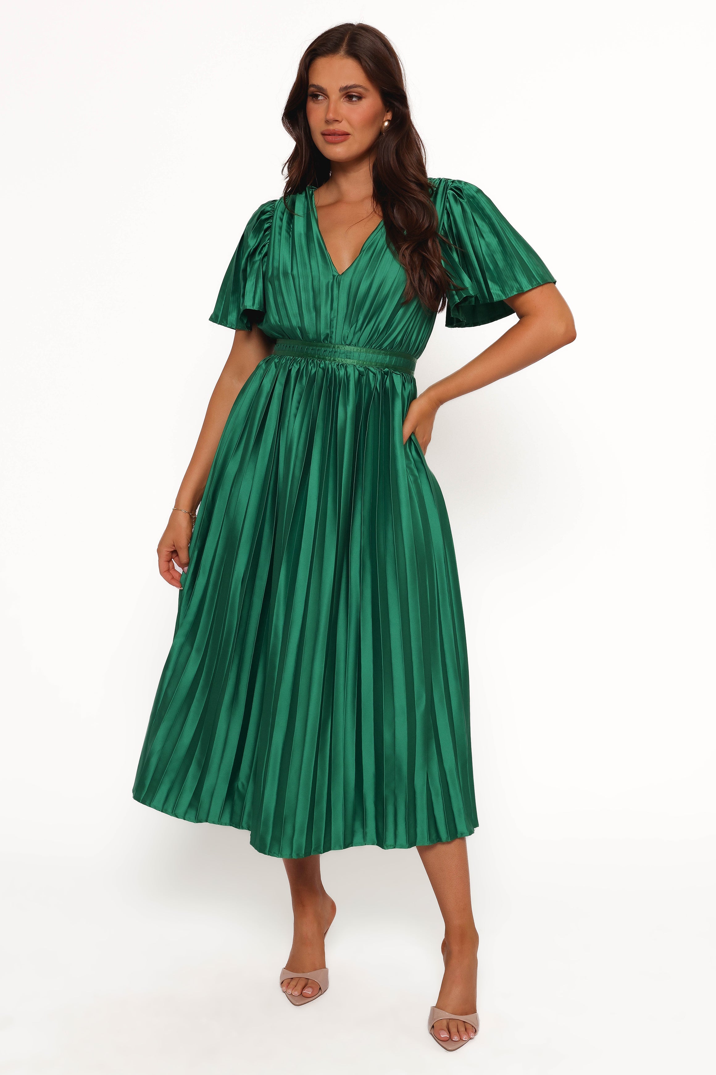 Emerald Green Keelah Pleated Midi Dress with V Neck & Open Back