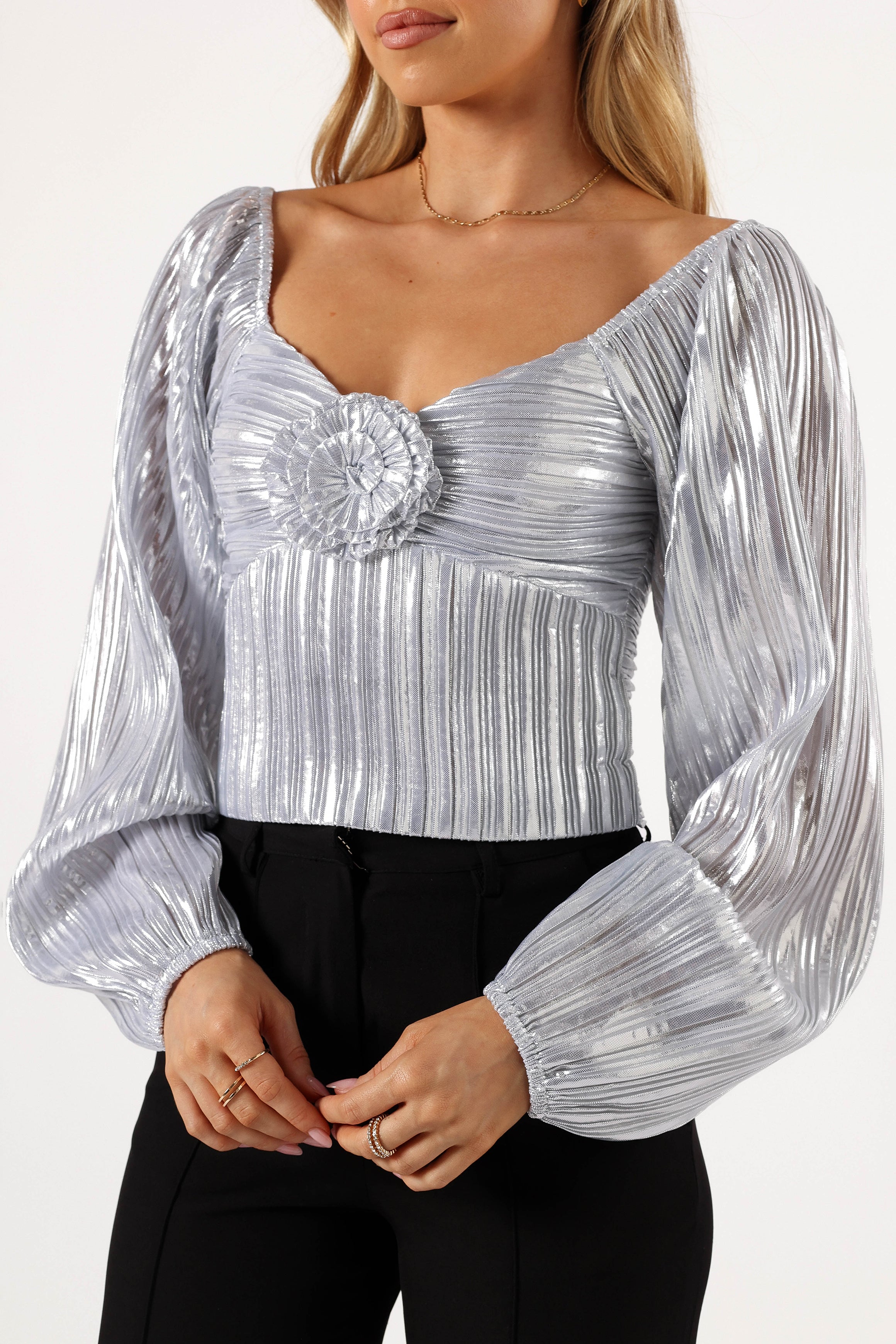 Nyra Rose Silver Cropped Top with Floral Detail