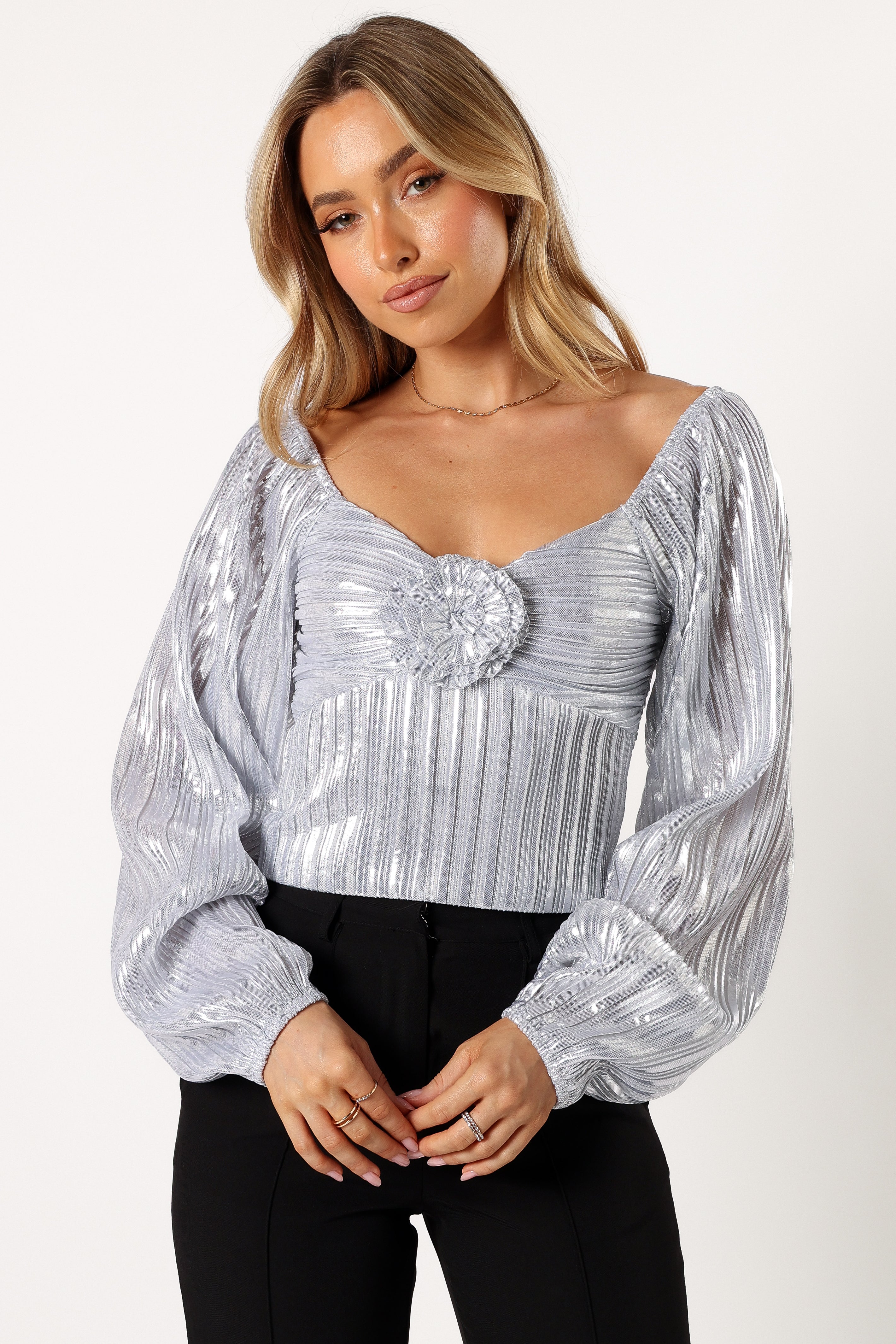Nyra Rose Silver Cropped Top with Floral Detail