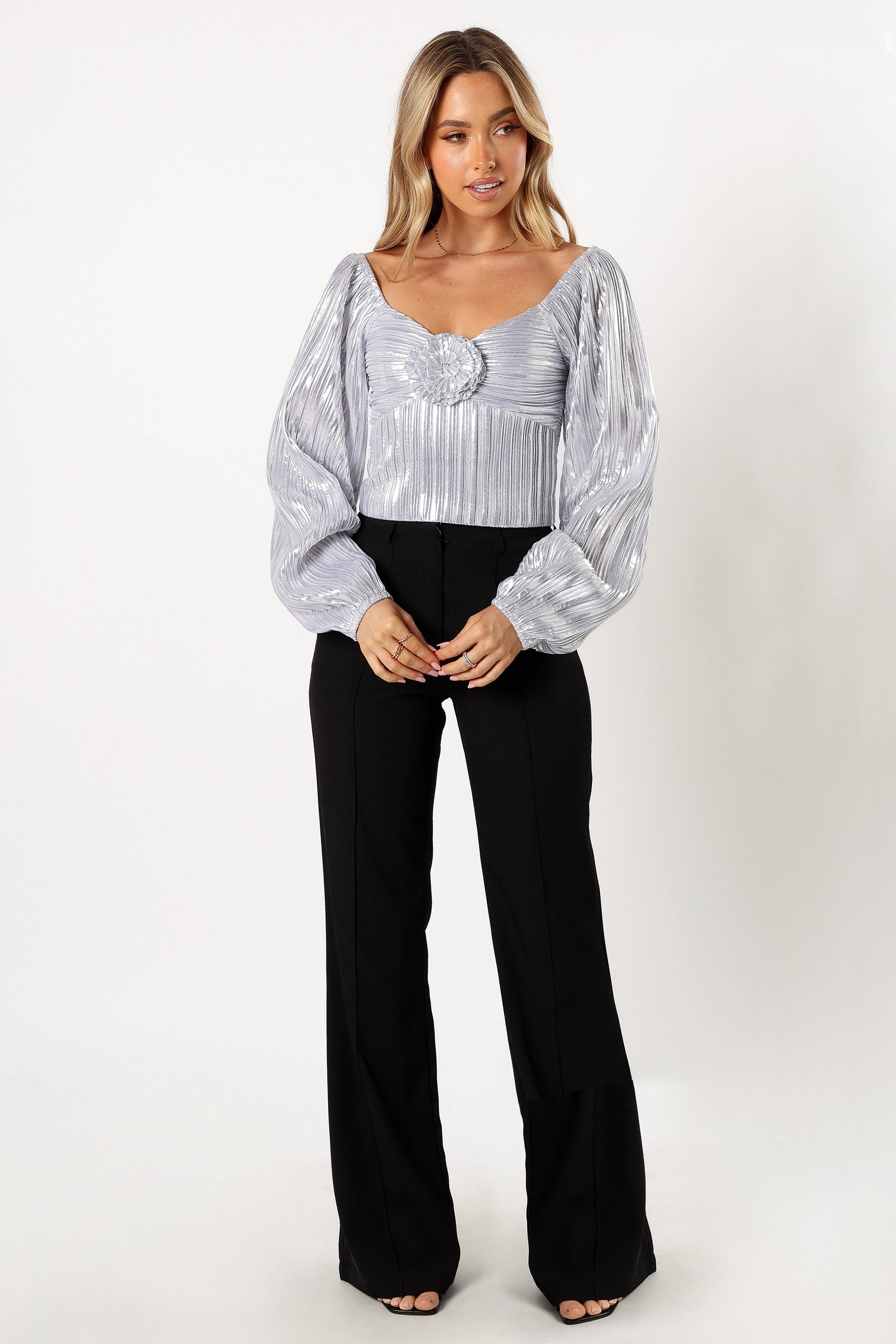 Nyra Rose Silver Cropped Top with Floral Detail