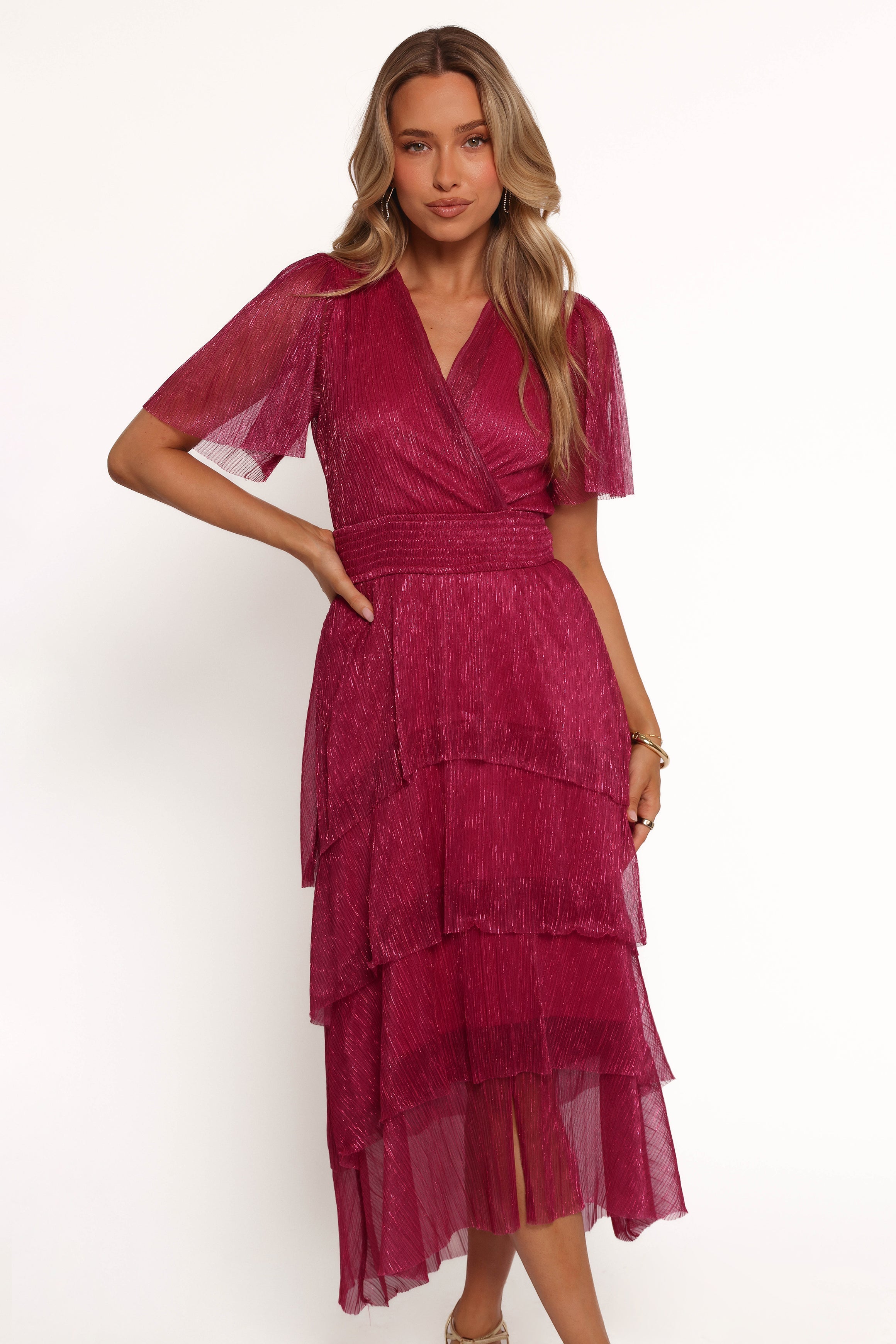 Pink Jasmin Plisse Midi Dress with V-Neck & Tiered Design