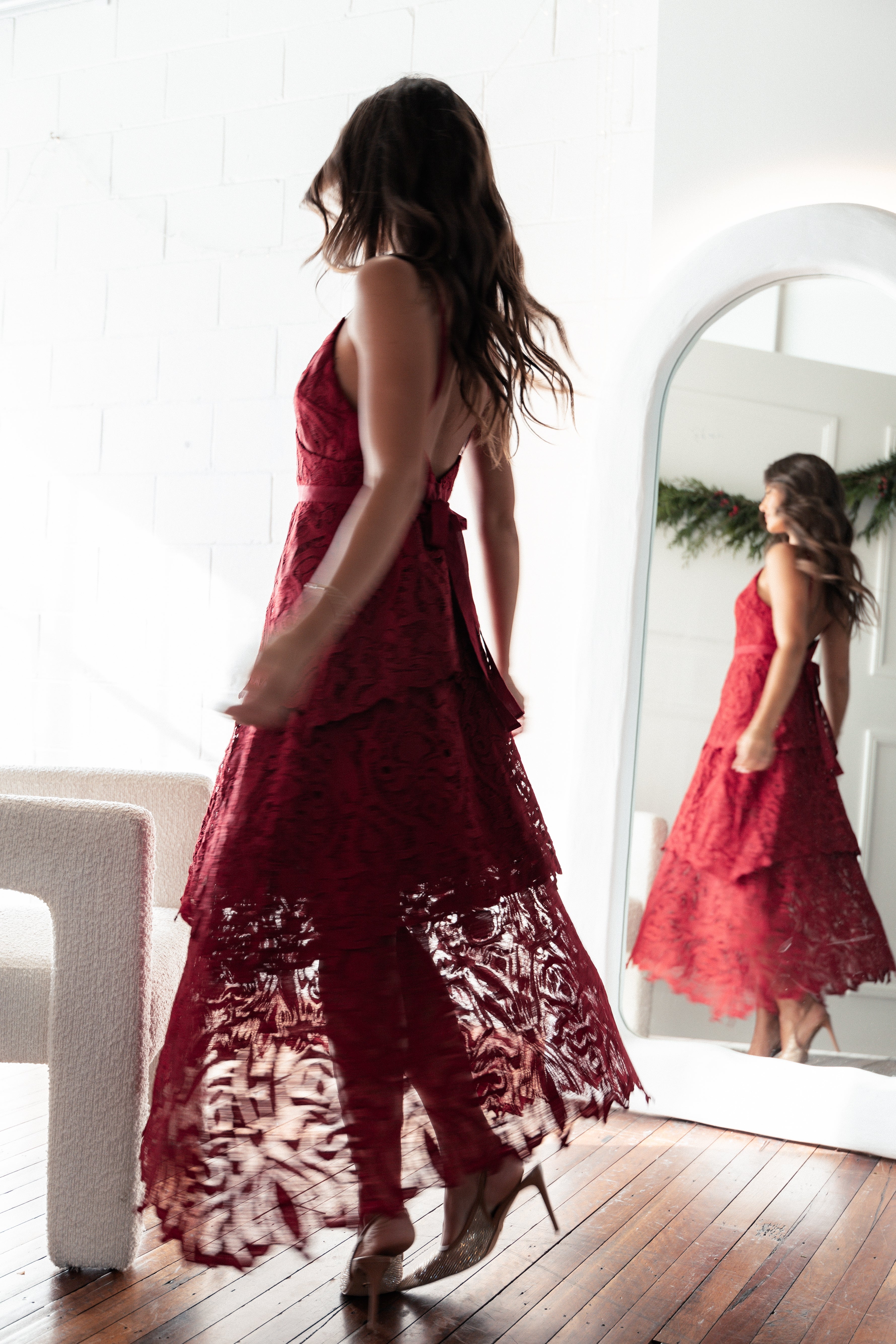 Red Elijah Maxi Dress with Lace Overlay & Adjustable Straps