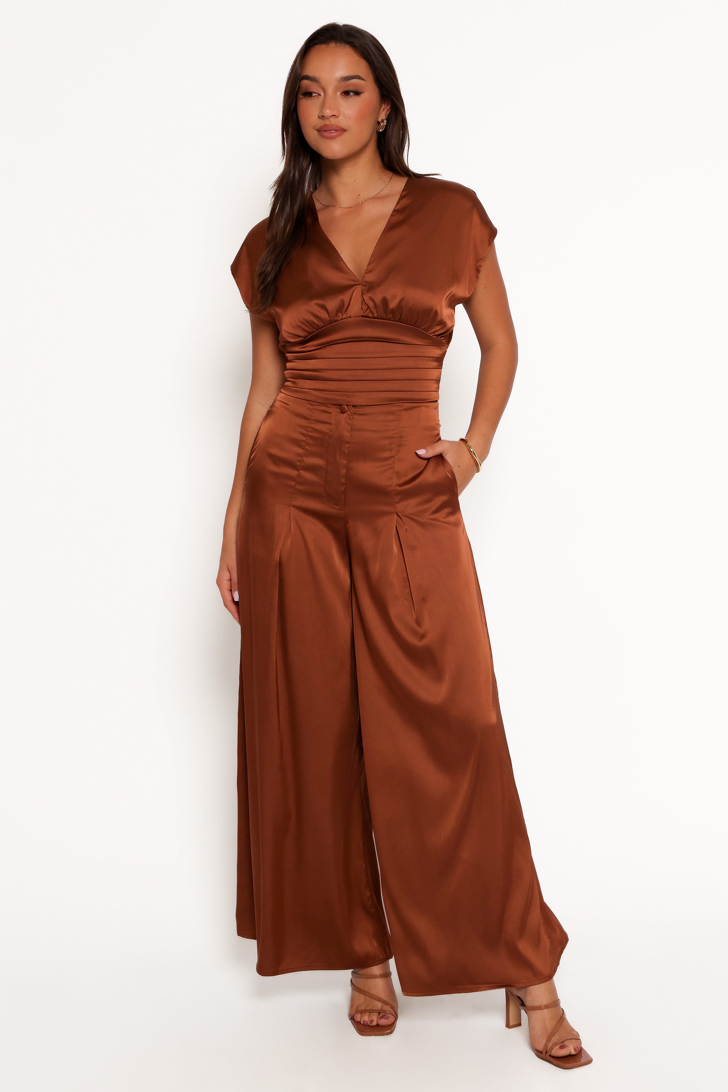 Cassie Satin Two Piece Set - Bronze V-Neck & Wide Leg Pants