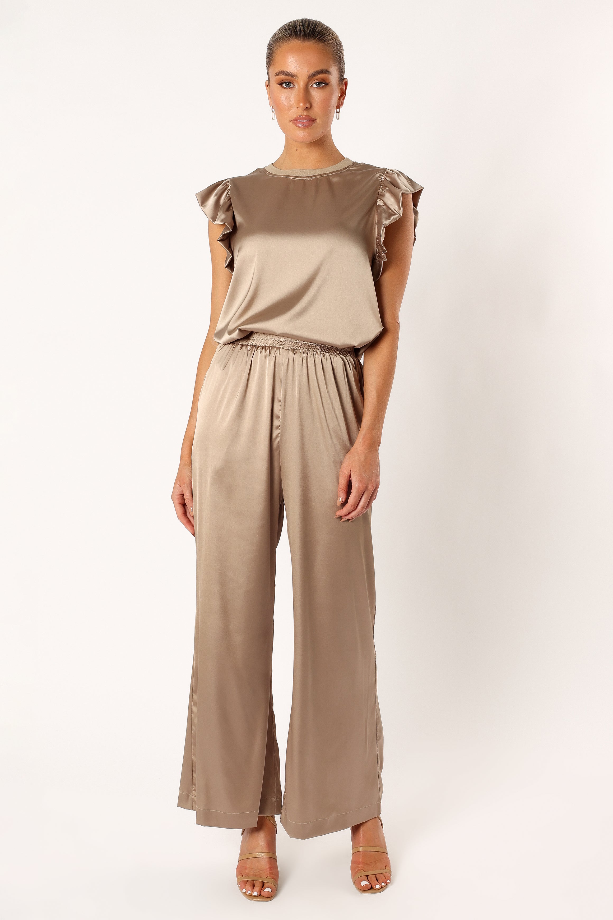 Women's Olive Satin Two Piece Pant Set with Frill Sleeves