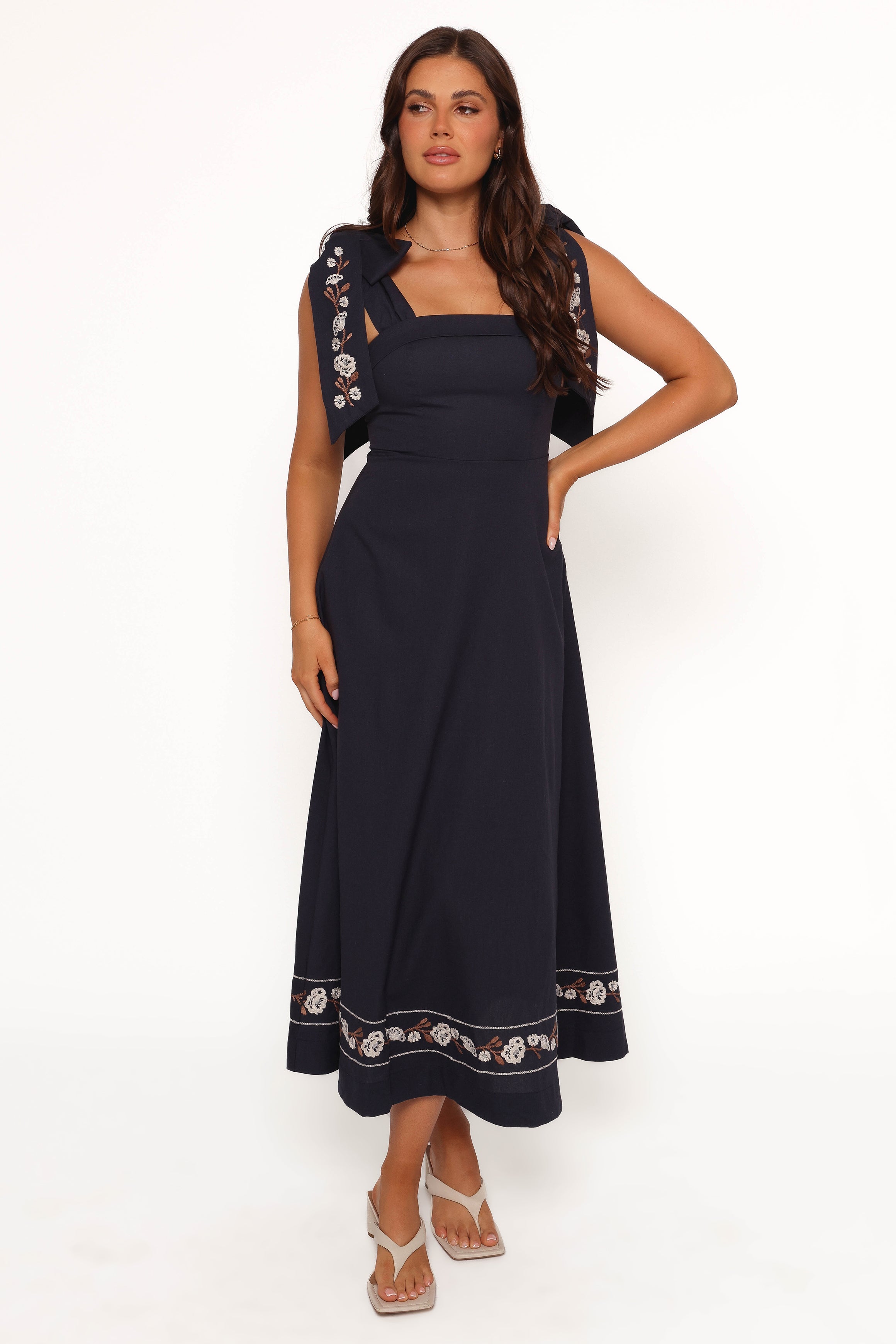 Marcella Navy Midi Dress with Square Neckline & Tie Straps