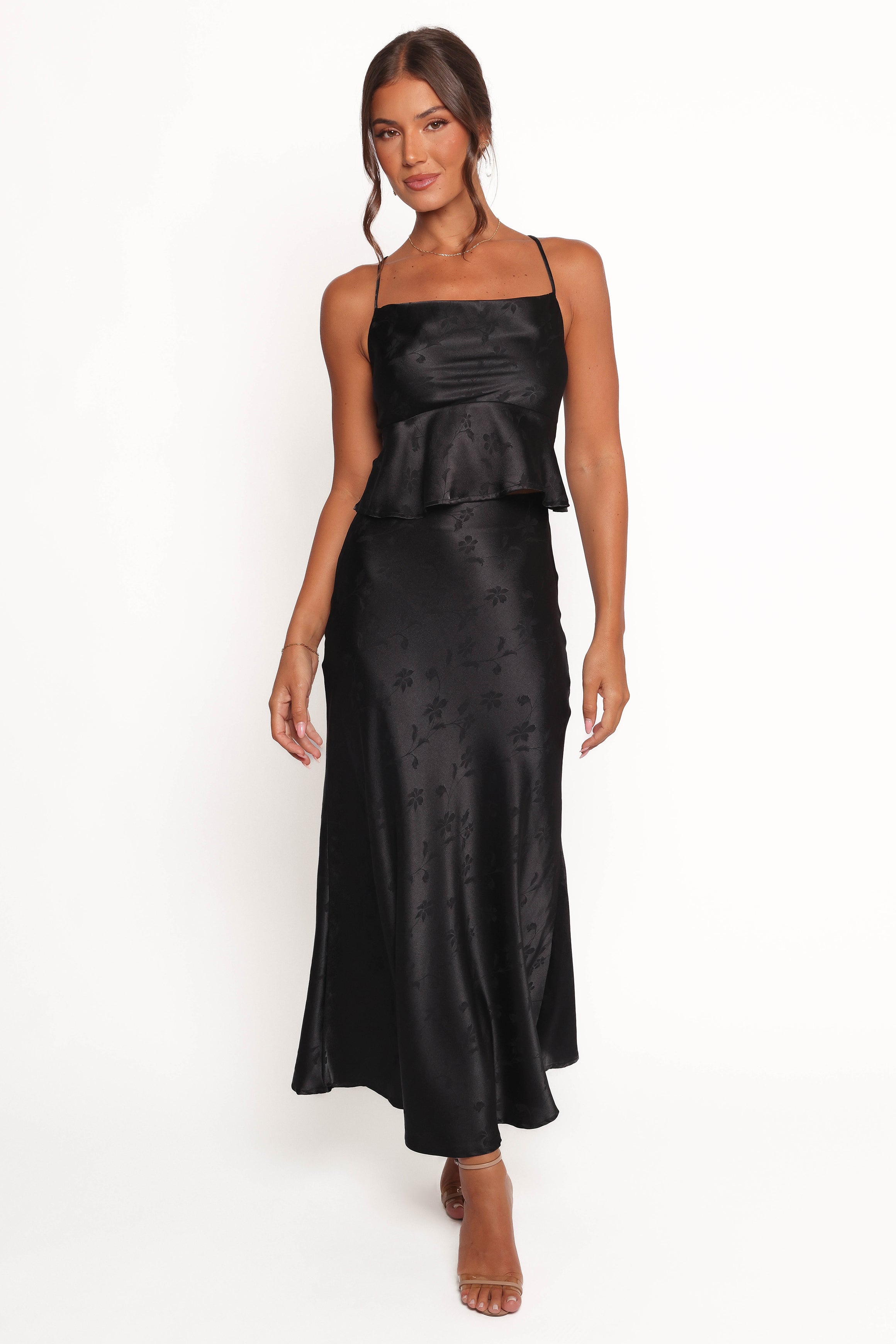 Belle Floral Print Satin Two Piece Set - Black Cowl Neck Top & A-Line Skirt